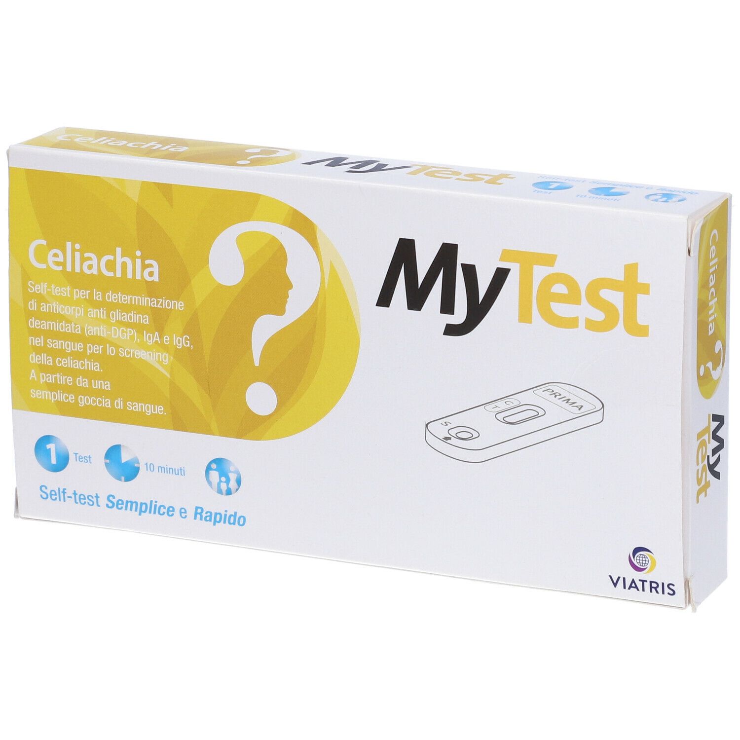 Scatola MyTest Celiachia. Contiene test e informazioni. Marchio Viatris.