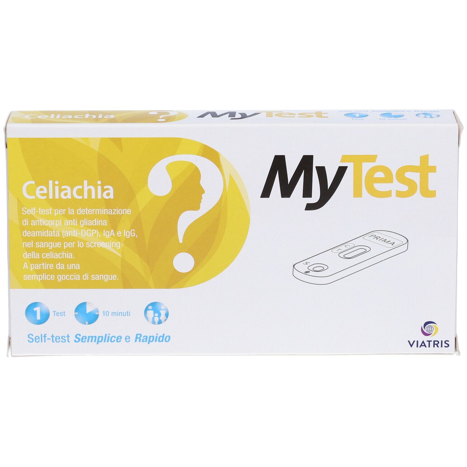 Scatola MyTest Celiachia. Contiene test e informazioni. Marchio Viatris.