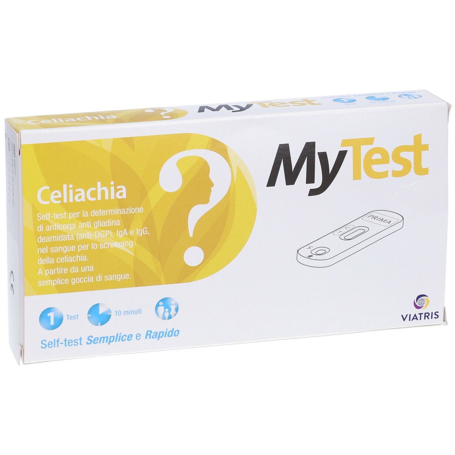 Scatola MyTest Celiachia. Contiene test e informazioni. Marchio Viatris.