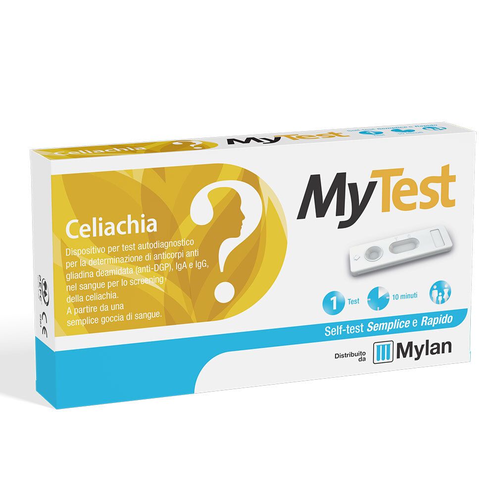 Scatola MyTest Celiachia. Contiene test e informazioni. Marchio Mylan.