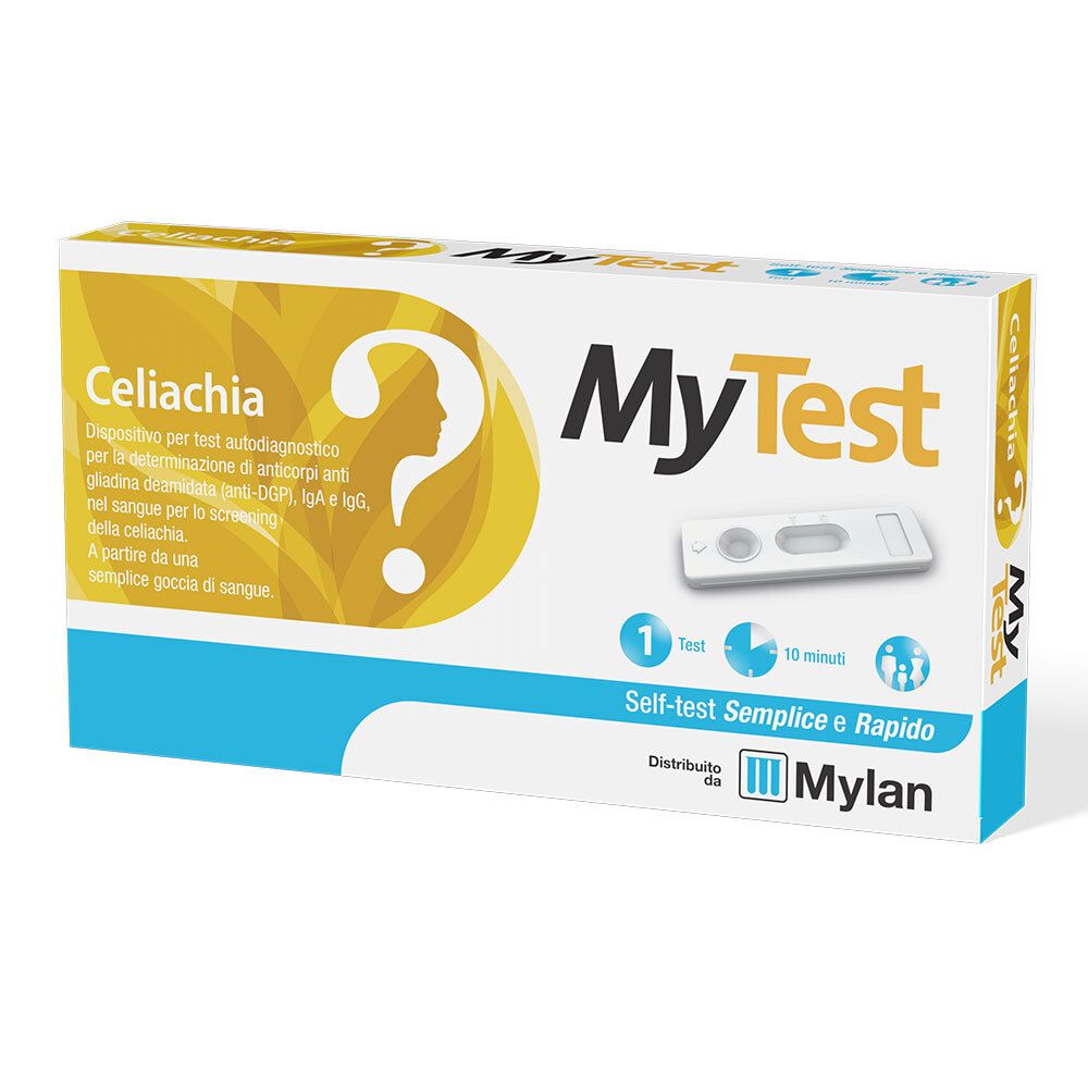 Scatola MyTest Celiachia. Contiene test e informazioni. Marchio Mylan.