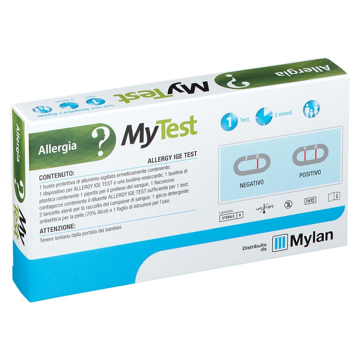 Confezione test MyTest Allergia, retro. Contiene strisce, pipetta, tampone. Scritte: MyTest, Allergia, Mylan.