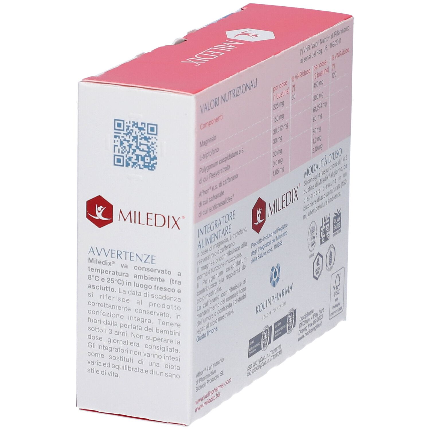 MILEDIX-Verpackung, schräg. Enthält Nährwertangaben und Gebrauchsanweisung. Zertifizierungen und Warnhinweise. Weißer Hintergrund.