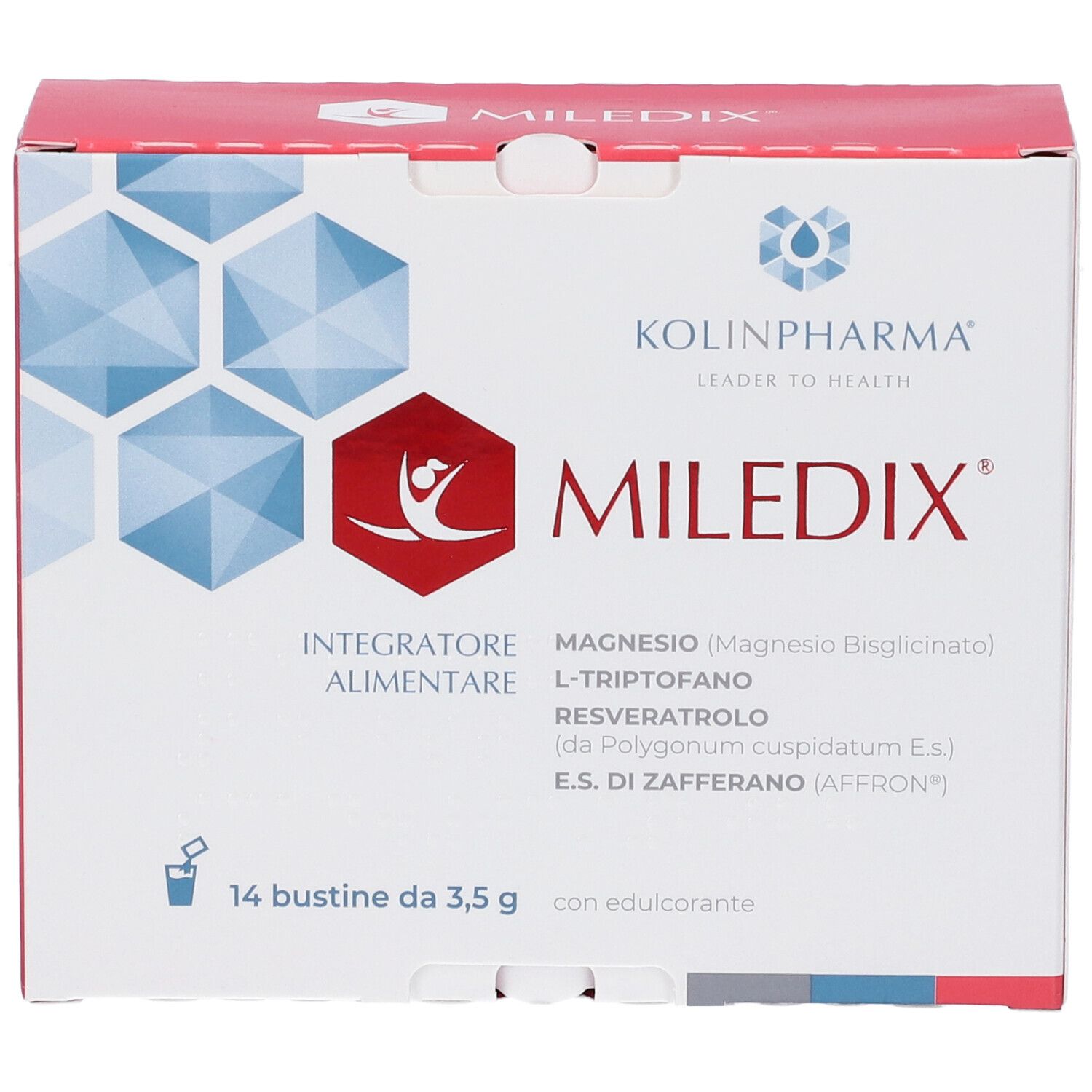 Karton KOLINPHARMA MILEDIX mit 14 Beuteln. Enthält Magnesium, L-Tryptophan, Resveratrol und Safran. Rote und weiße Verpackung.