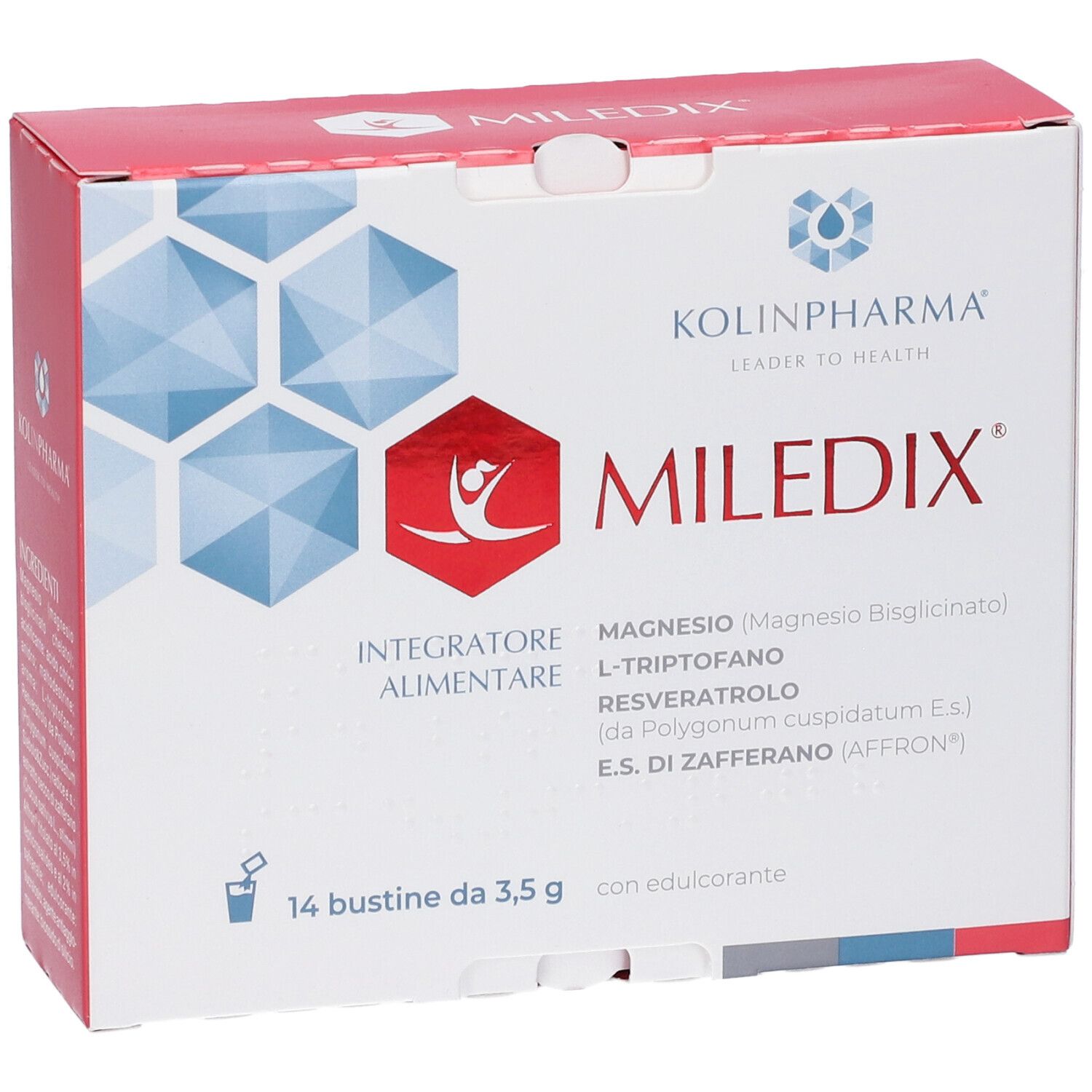 Karton KOLINPHARMA MILEDIX mit 14 Beuteln. Enthält Magnesium, L-Tryptophan, Resveratrol und Safran. Rote und weiße Verpackung.