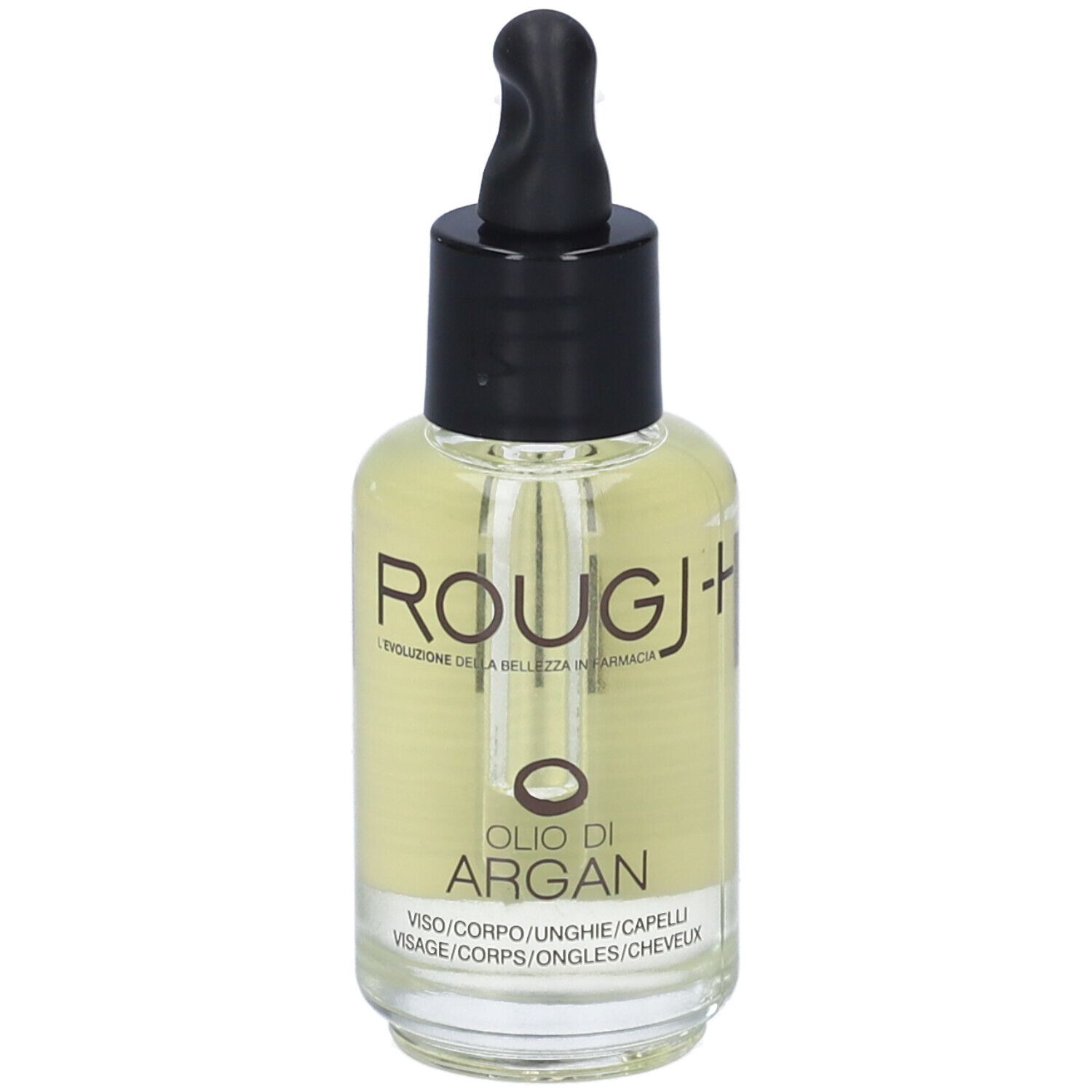 Olio trasparente in flacone di vetro con tappo nero e pipetta. Scritta: ROUGJ, Olio di Argan.