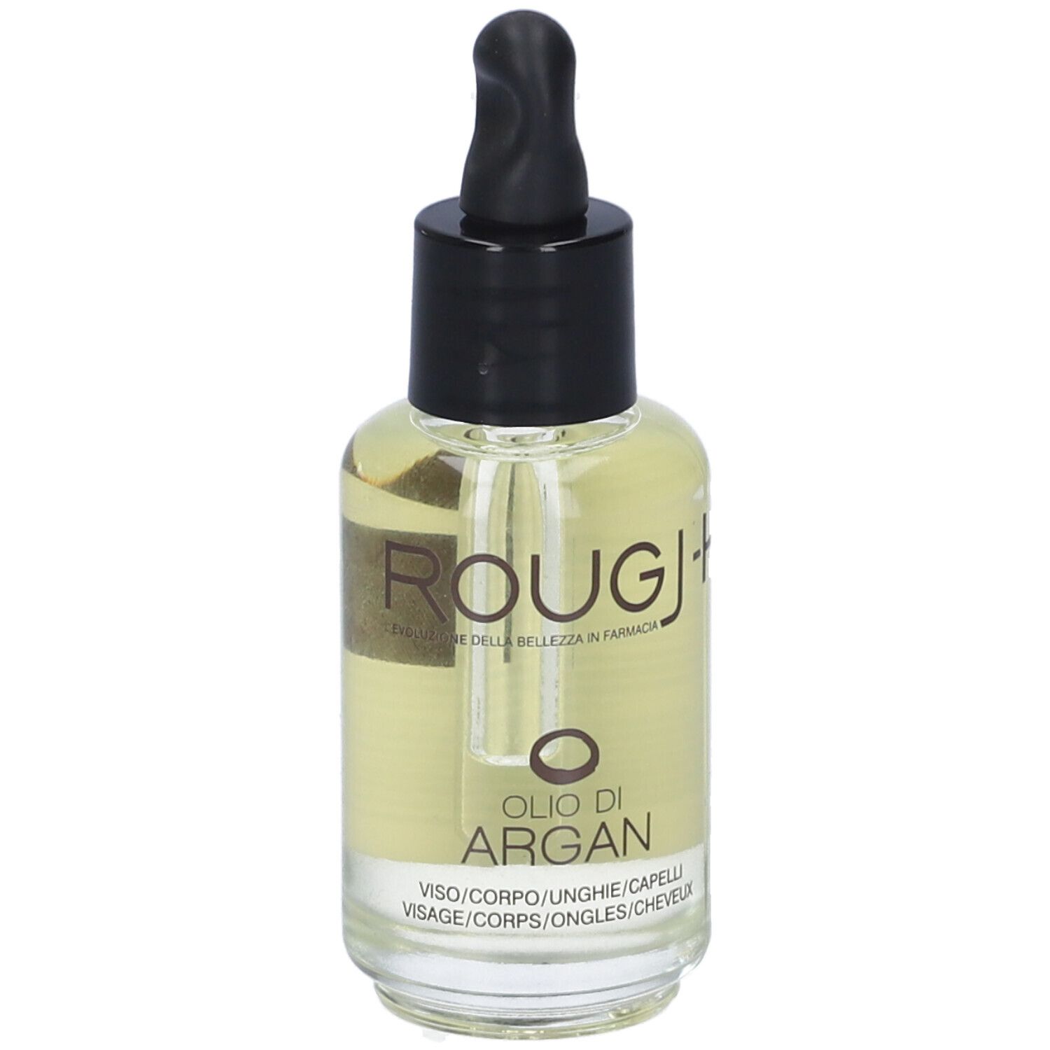Flacone in vetro con olio, tappo nero e pipetta. Scritta: ROUGJ, Olio di Argan. Striscia dorata.