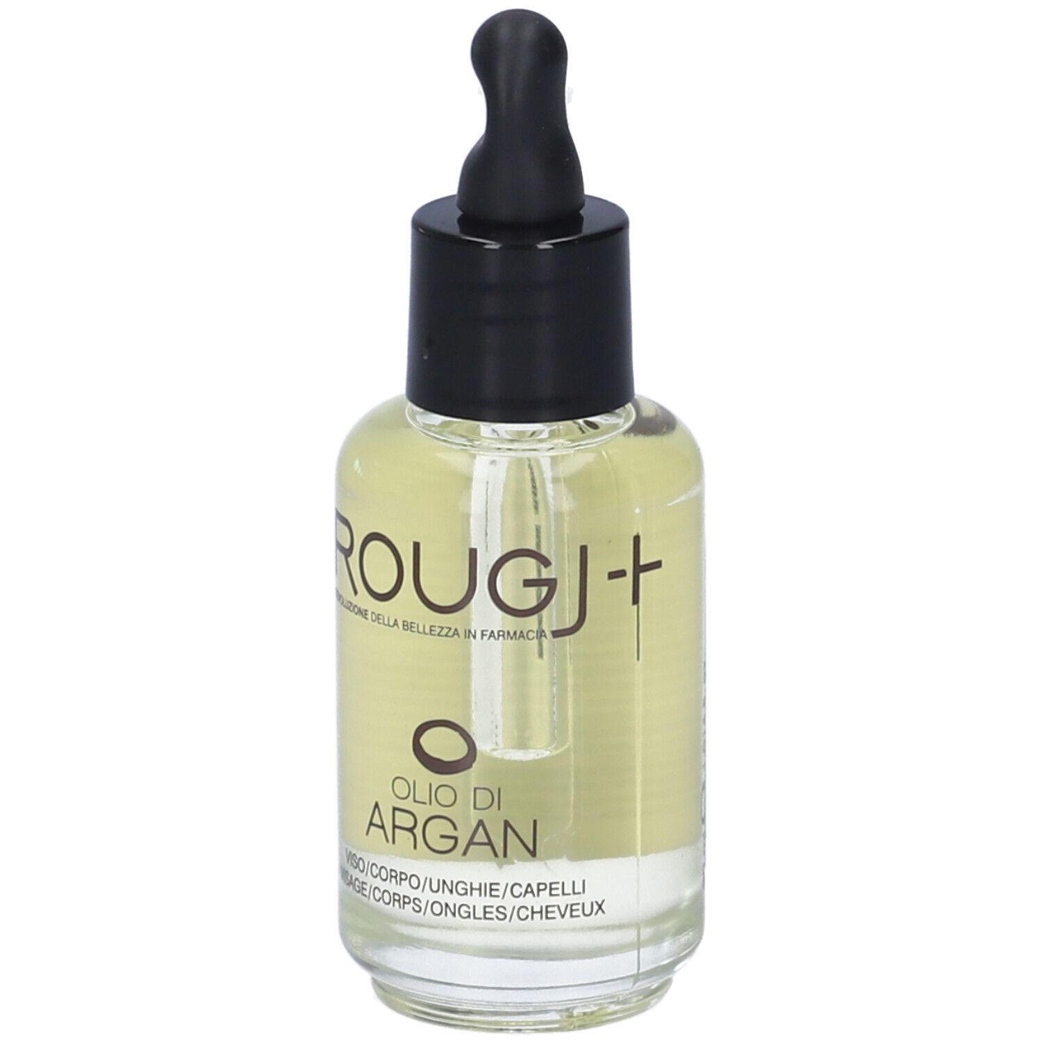Flacone in vetro con olio, tappo nero e pipetta. Scritta: ROUGJ, Olio di Argan. Testo per viso, corpo, unghie, capelli.