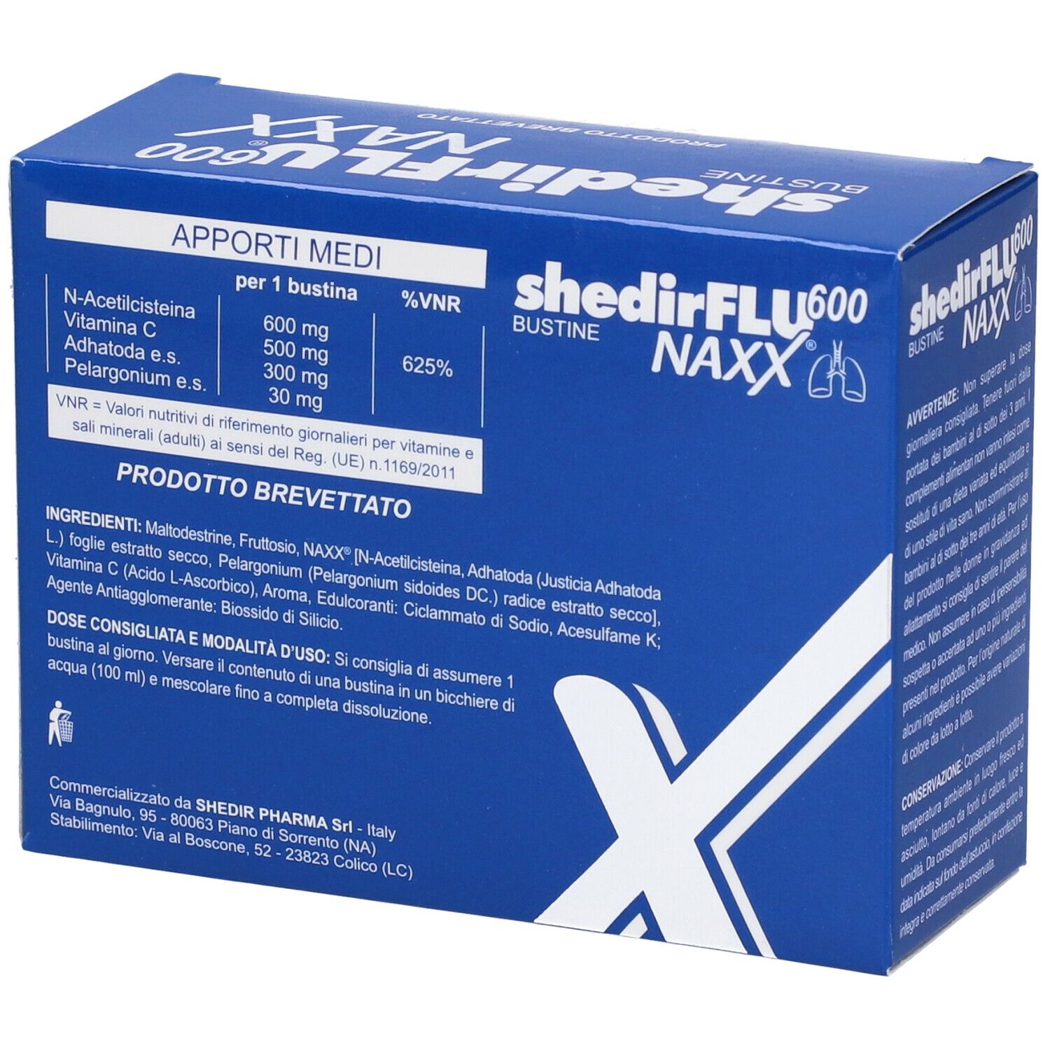 Scatola blu "shedirFLU 600 Naxx Bustine". Informazioni nutrizionali e ingredienti. "PRODOTTO BREVETTATO" in basso.