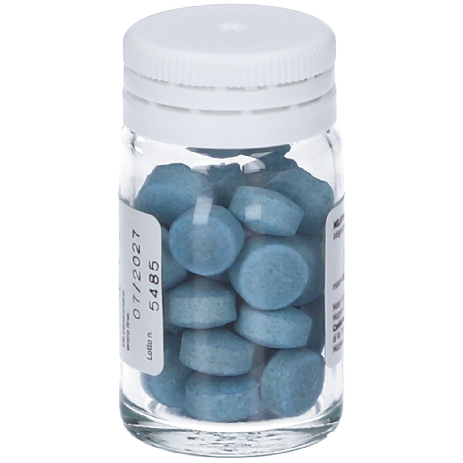 Glasflasche mit blauen Tabletten. Aufschrift: Melatonina SUPERIOR. Etikett mit Verfallsdatum und Losnummer.