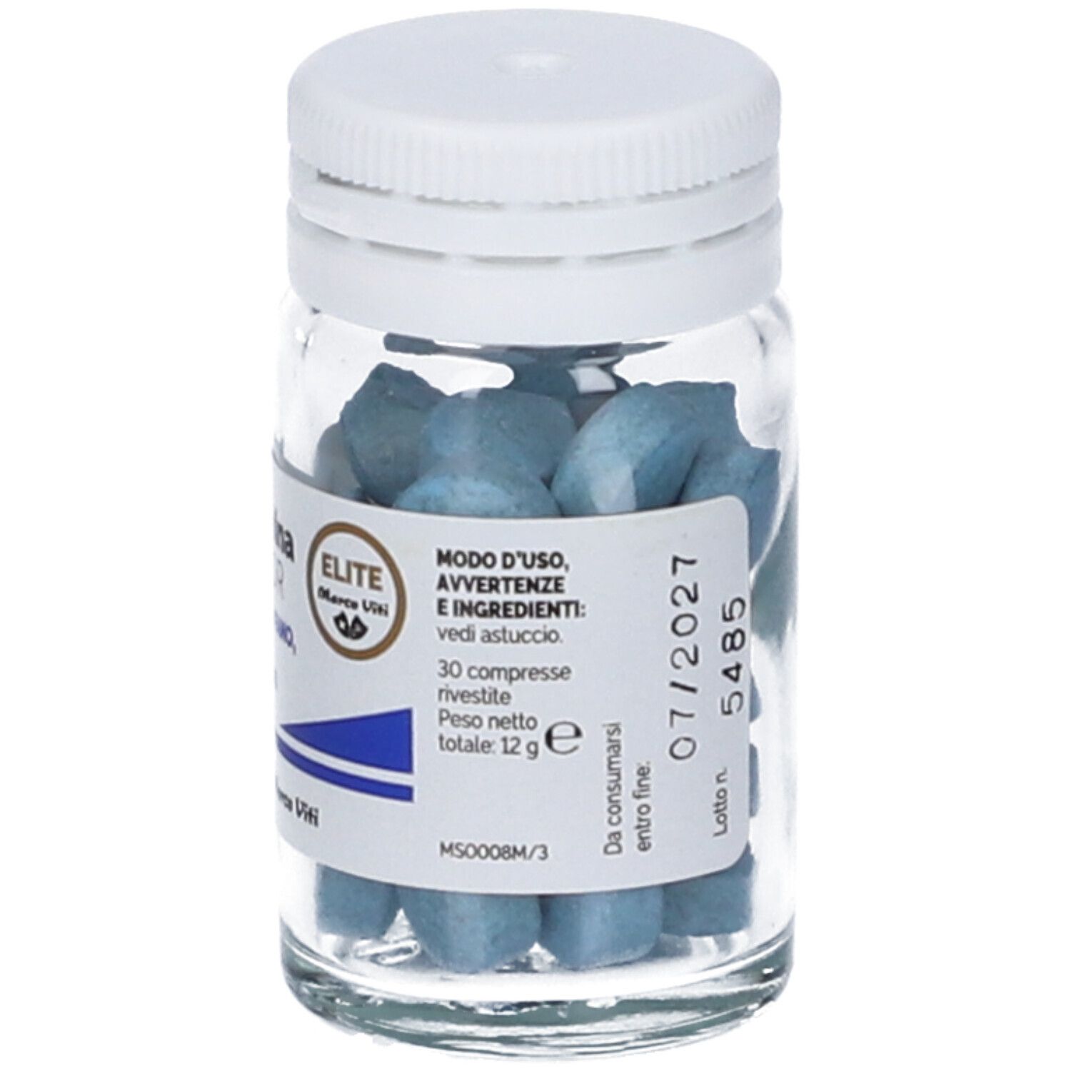 Glasflasche mit blauen Tabletten. Aufschrift: Melatonina SUPERIOR. Etikett mit Inhaltsstoffen und Gebrauchsanweisung.