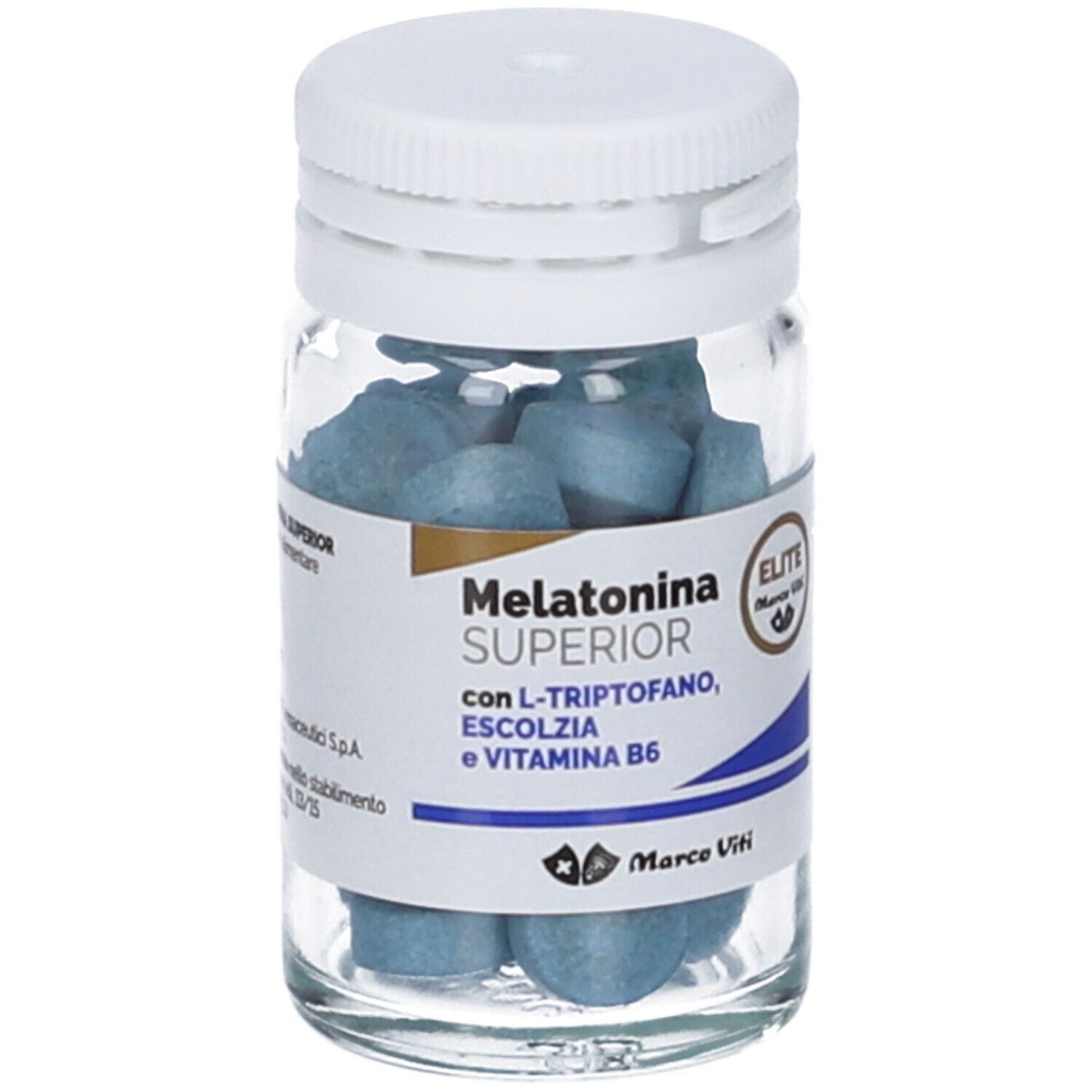 Glasflasche mit blauen Tabletten. Aufschrift: Melatonina SUPERIOR, Marco Viti. Mit L-Tryptophan, Escolzia und Vitamin B6.