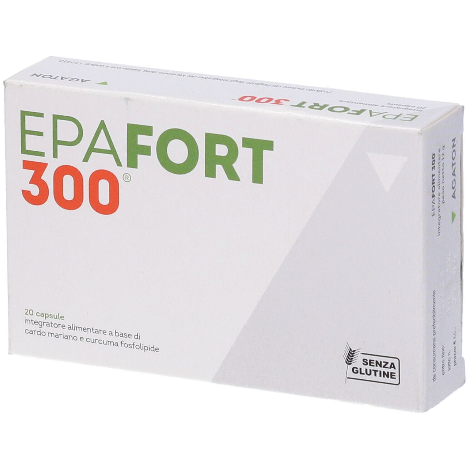 Scatola bianca con "EPAFORT 300" in rosso. Testo: "20 capsule integratore alimentare...". Simbolo senza glutine.