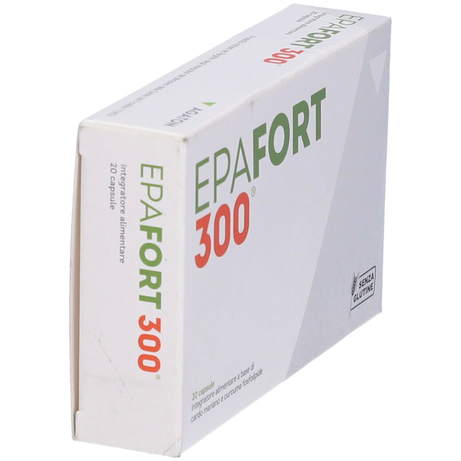 Scatola bianca con "EPAFORT 300" in verde e rosso. Testo: "20 capsule integratore alimentare...".
