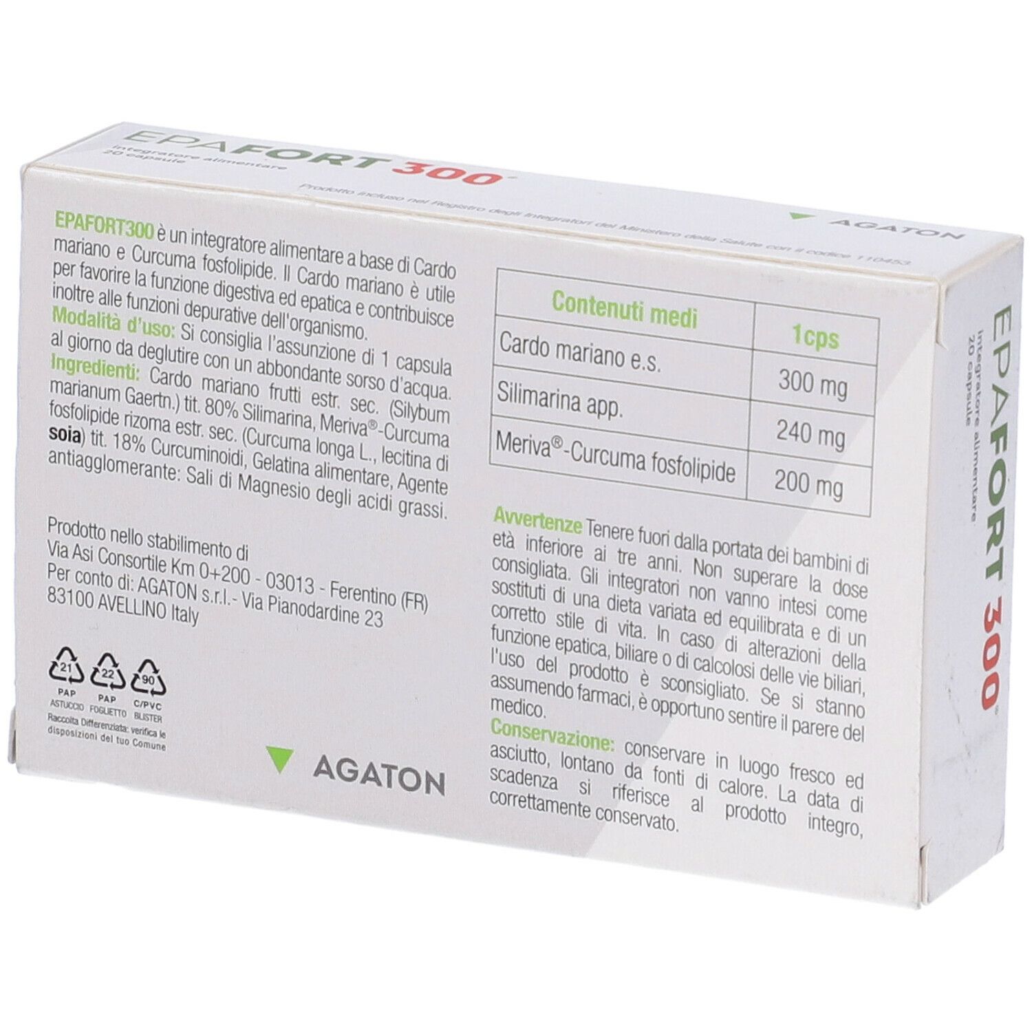 Retro della scatola con testo. Contiene informazioni sugli ingredienti e le istruzioni per l'uso. Marchio: AGATON.