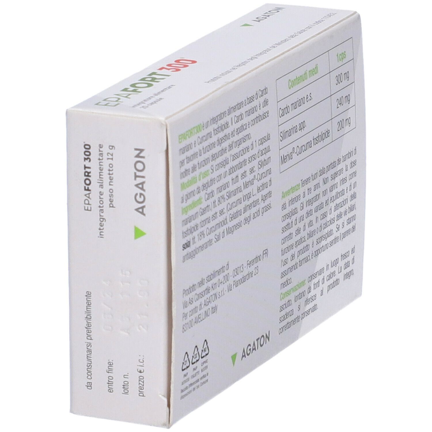 Scatola con testo. Contiene informazioni sugli ingredienti e le istruzioni per l'uso. Marchio: AGATON. Peso: 12g.