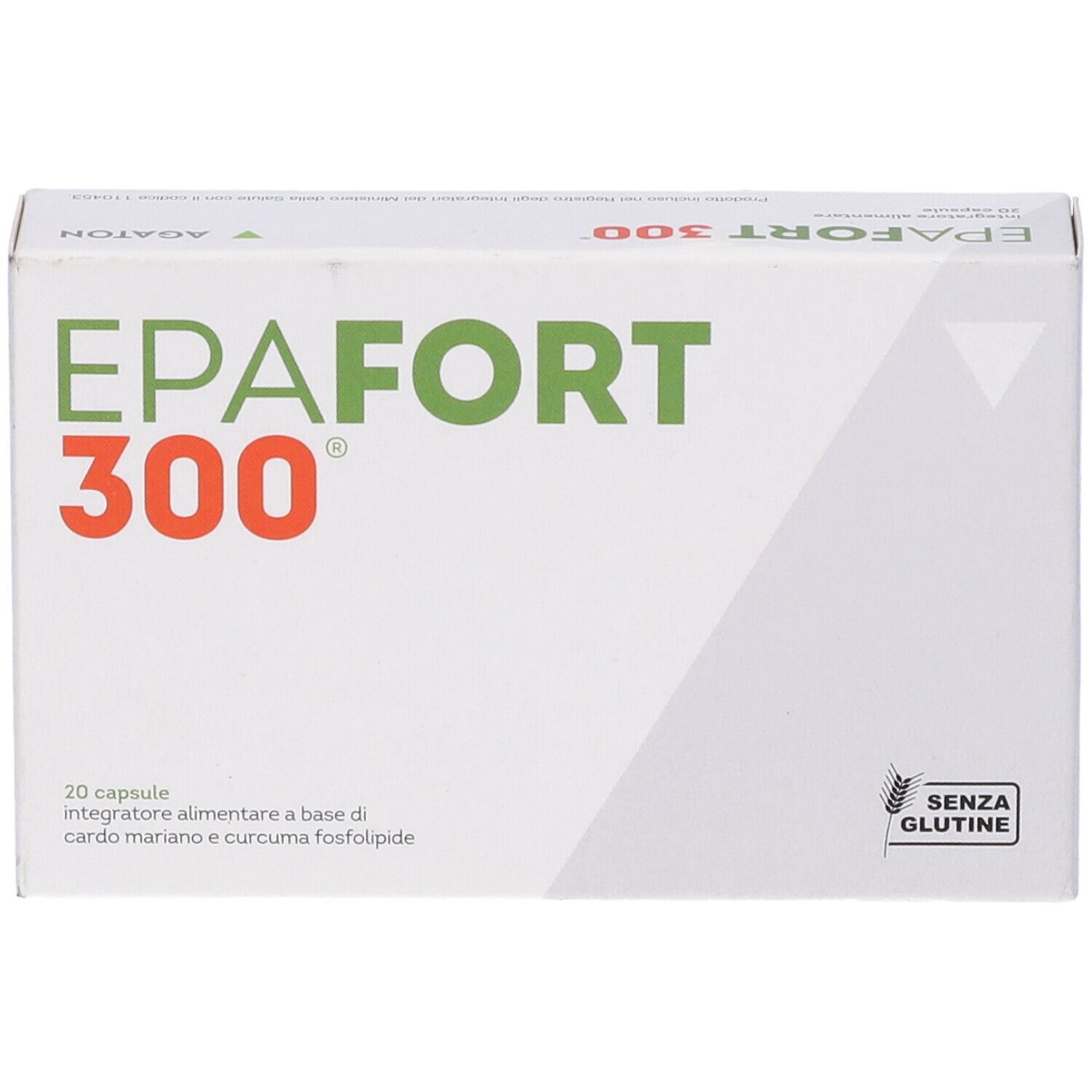 Scatola bianca con "EPAFORT 300" in rosso. Testo: "20 capsule integratore alimentare...". Simbolo senza glutine.