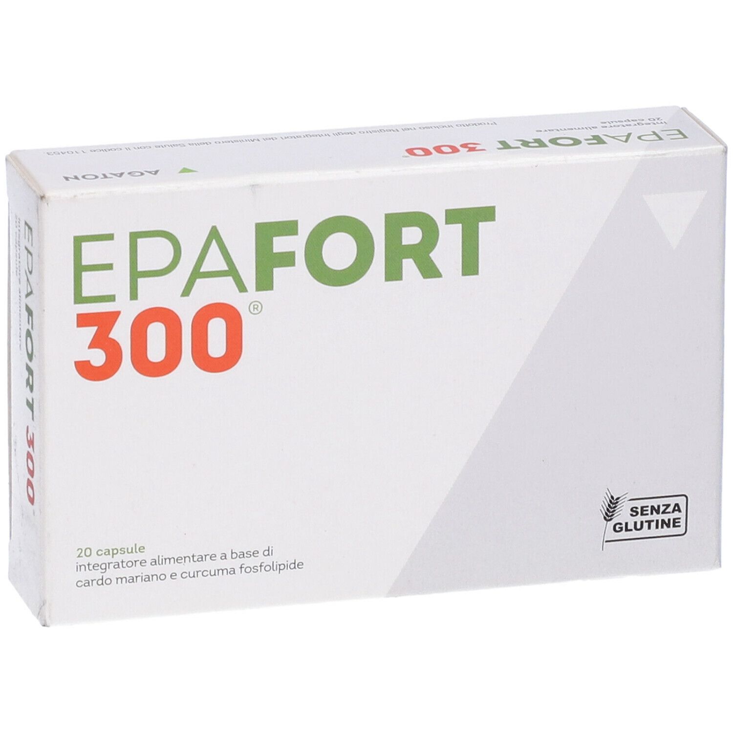 Scatola bianca con "EPAFORT 300" in rosso. Testo: "20 capsule integratore alimentare...". Simbolo senza glutine.