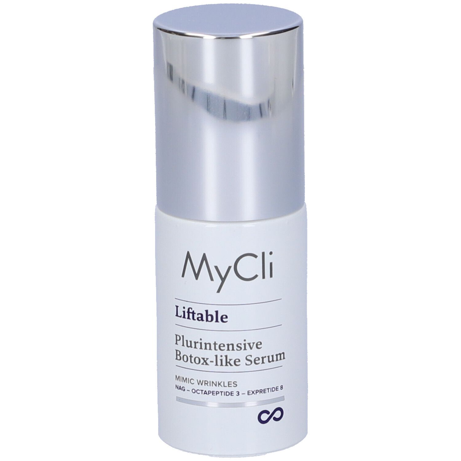 Flacone cilindrico con tappo argentato. Scritta: MyCli Liftable Plurintensive Botox-like Serum.