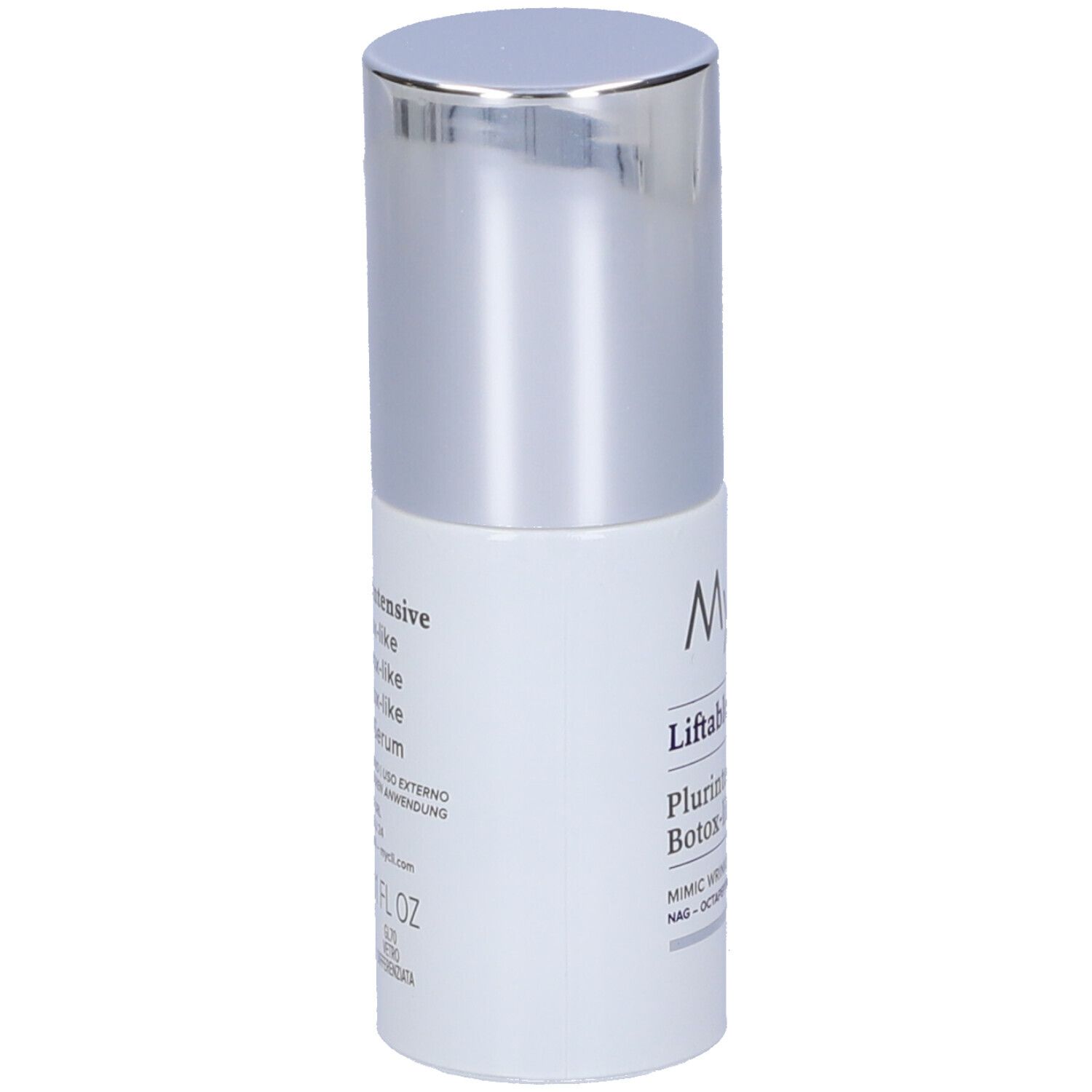 Flacone cilindrico con tappo argentato. Scritta: MyCli Liftable Plurintensive Botox-like Serum. Testo in italiano.