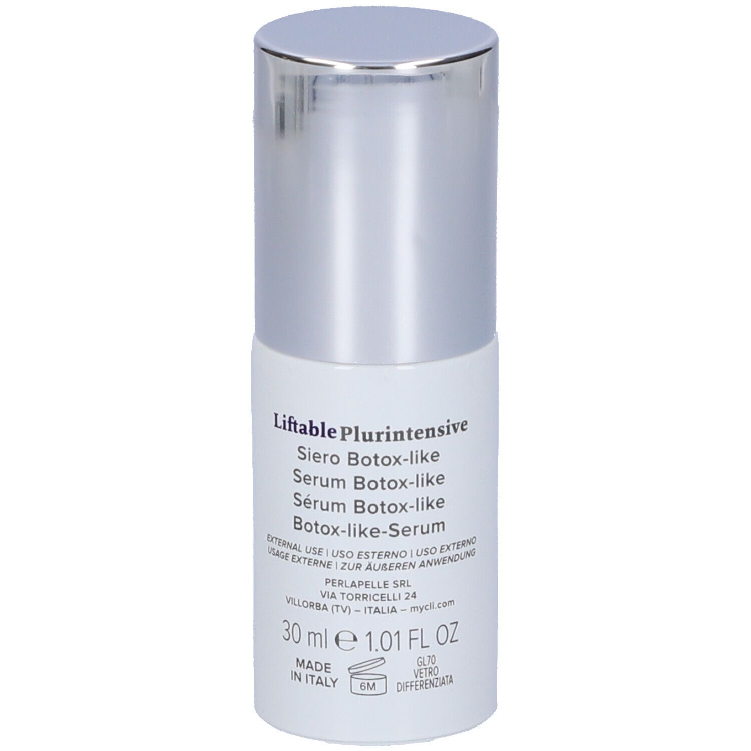 Flacone cilindrico con tappo argentato. Scritta: MyCli Liftable Plurintensive Botox-like Serum. 30 ml.