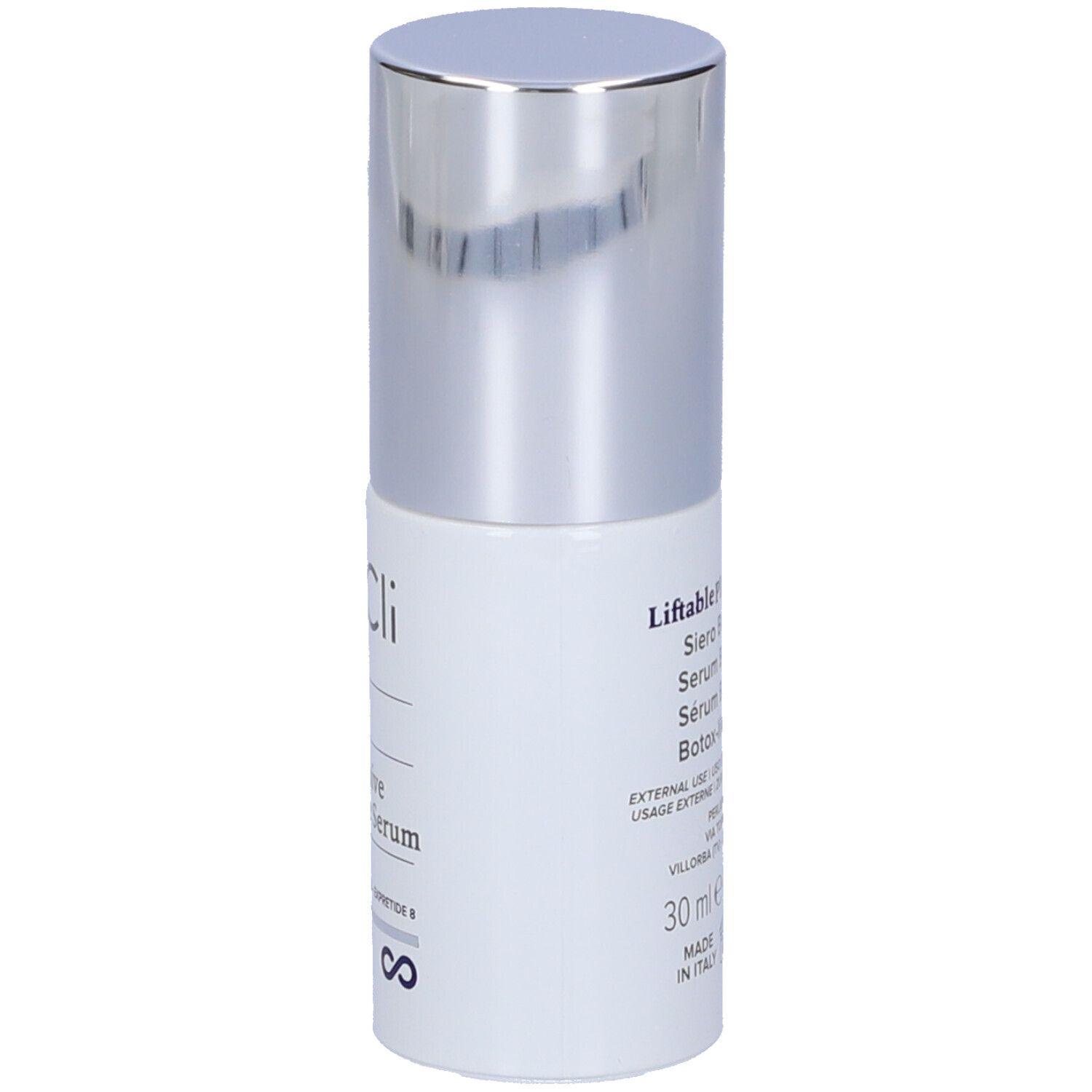 Flacone cilindrico con tappo argentato. Scritta: MyCli Liftable Plurintensive Botox-like Serum. 30 ml.