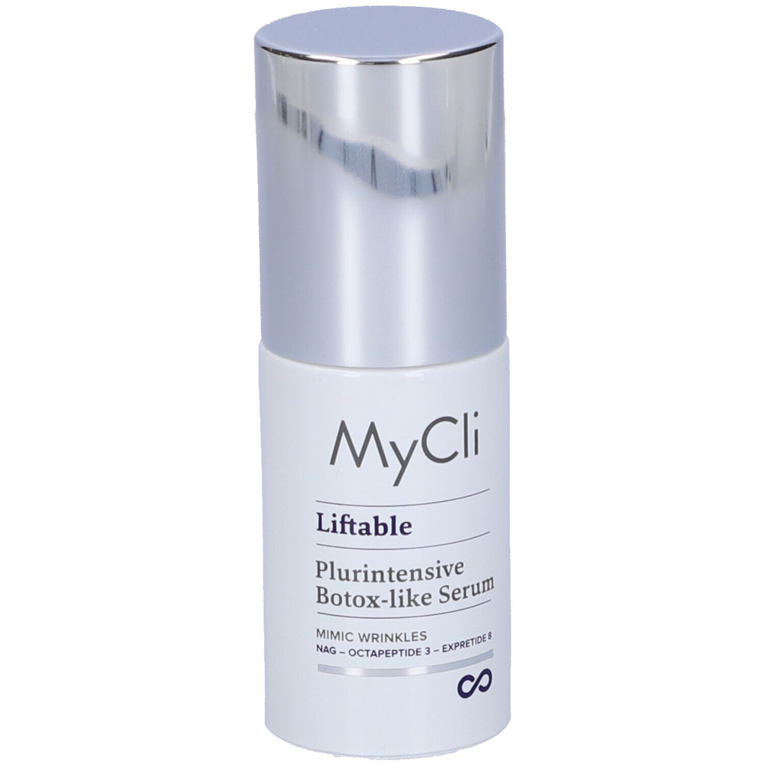 Flacone cilindrico con tappo argentato. Scritta: MyCli Liftable Plurintensive Botox-like Serum.