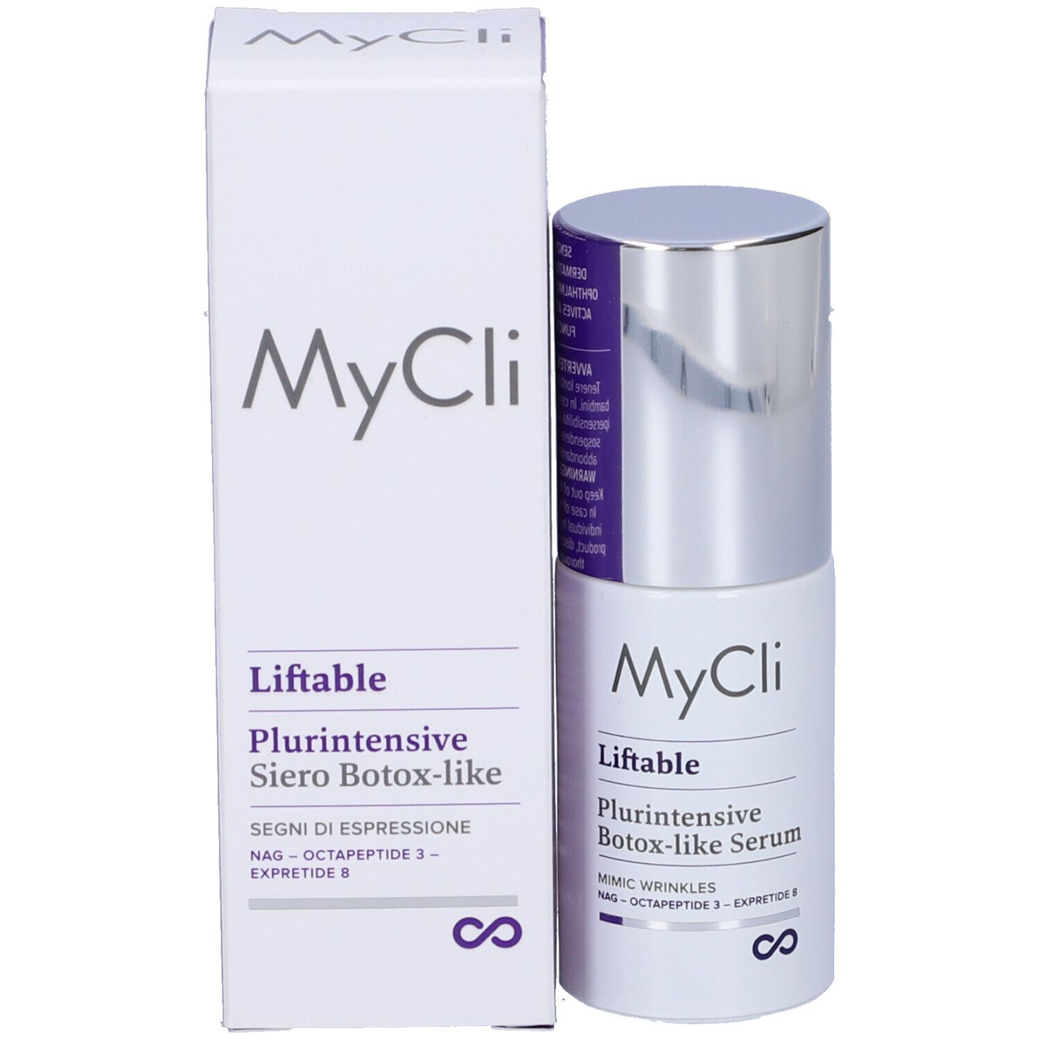 Confezione del prodotto con flacone e scatola. Scritta: MyCli Liftable Plurintensive Botox-like Serum.