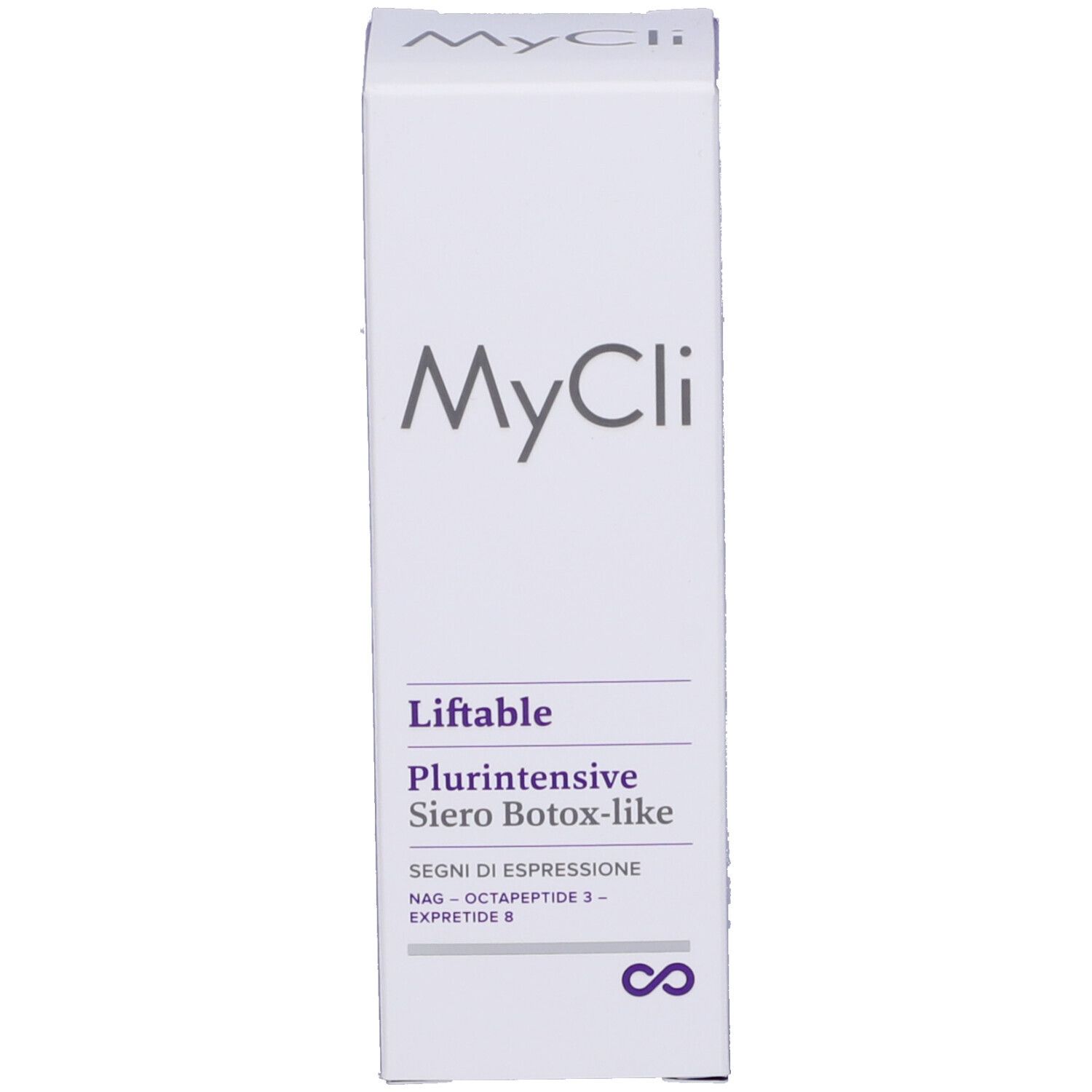 Confezione del prodotto, scatola rettangolare. Scritta: MyCli Liftable Plurintensive Botox-like Serum.