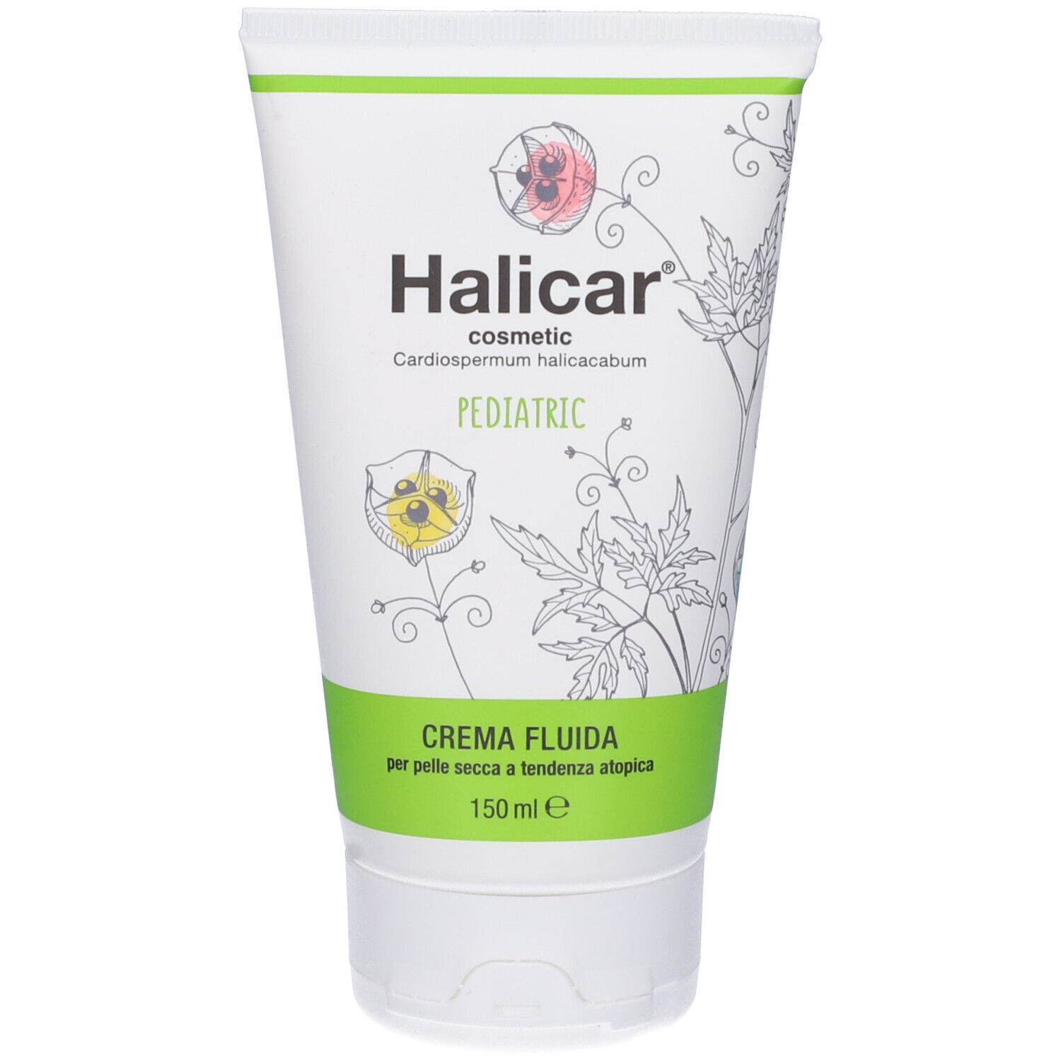 Tubo Halicar cosmetic PEDIATRIC. Confezione bianca e verde con illustrazioni floreali. Testo: Crema Fluida per pelle secca.