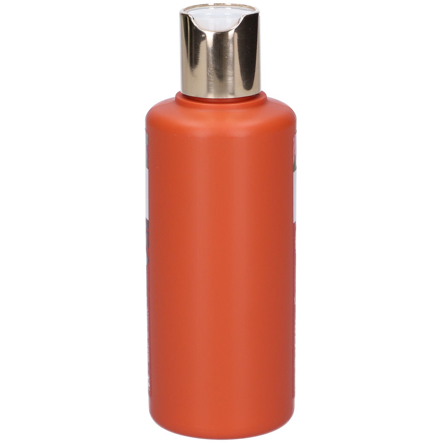 Flacone arancione con tappo dorato. Testo: Gocce d'Ambra, Latte Profumato. Marchio: Helan. 200 ml.