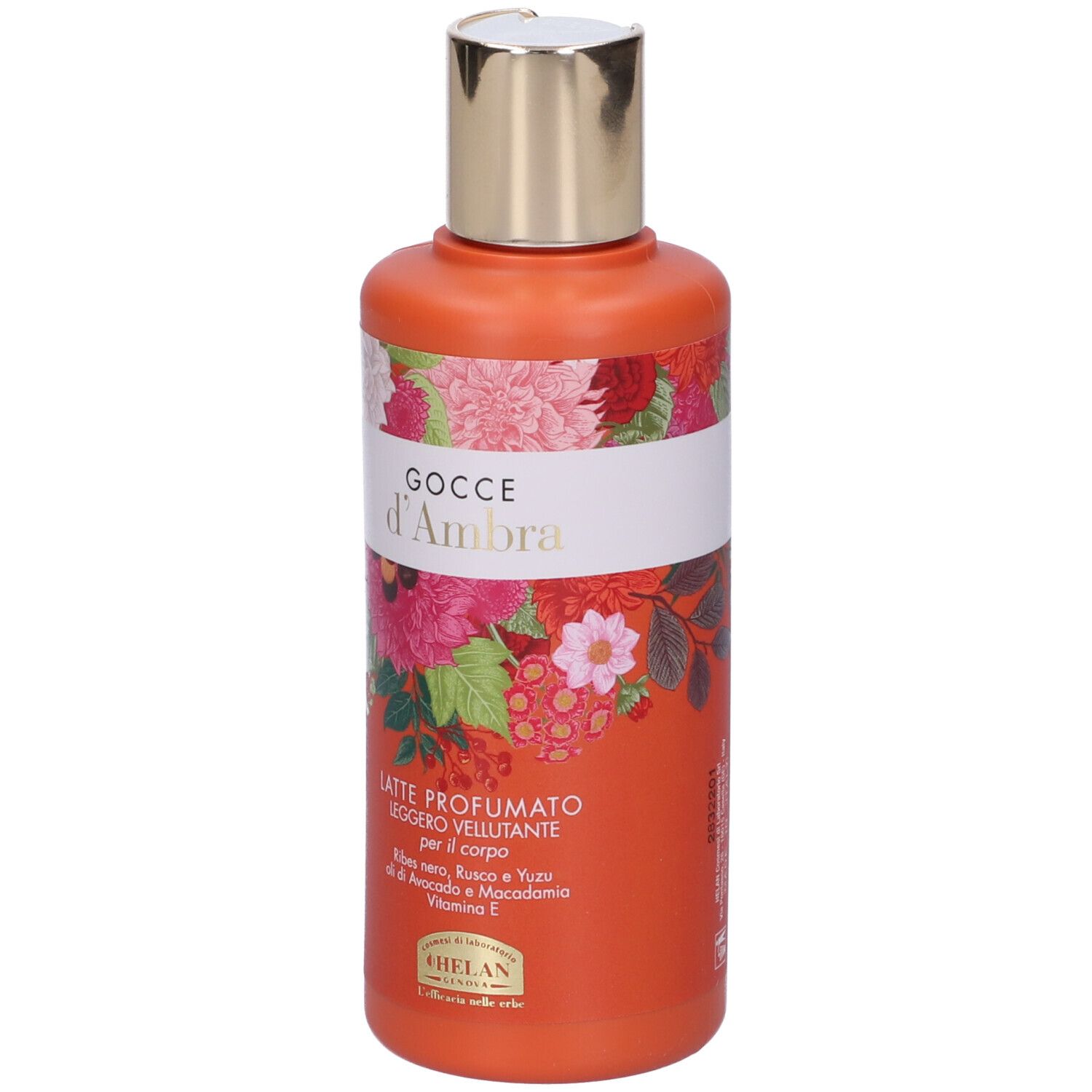 Flacone arancione con tappo dorato. Testo: Gocce d'Ambra, Latte Profumato. Marchio: Helan. 200 ml.