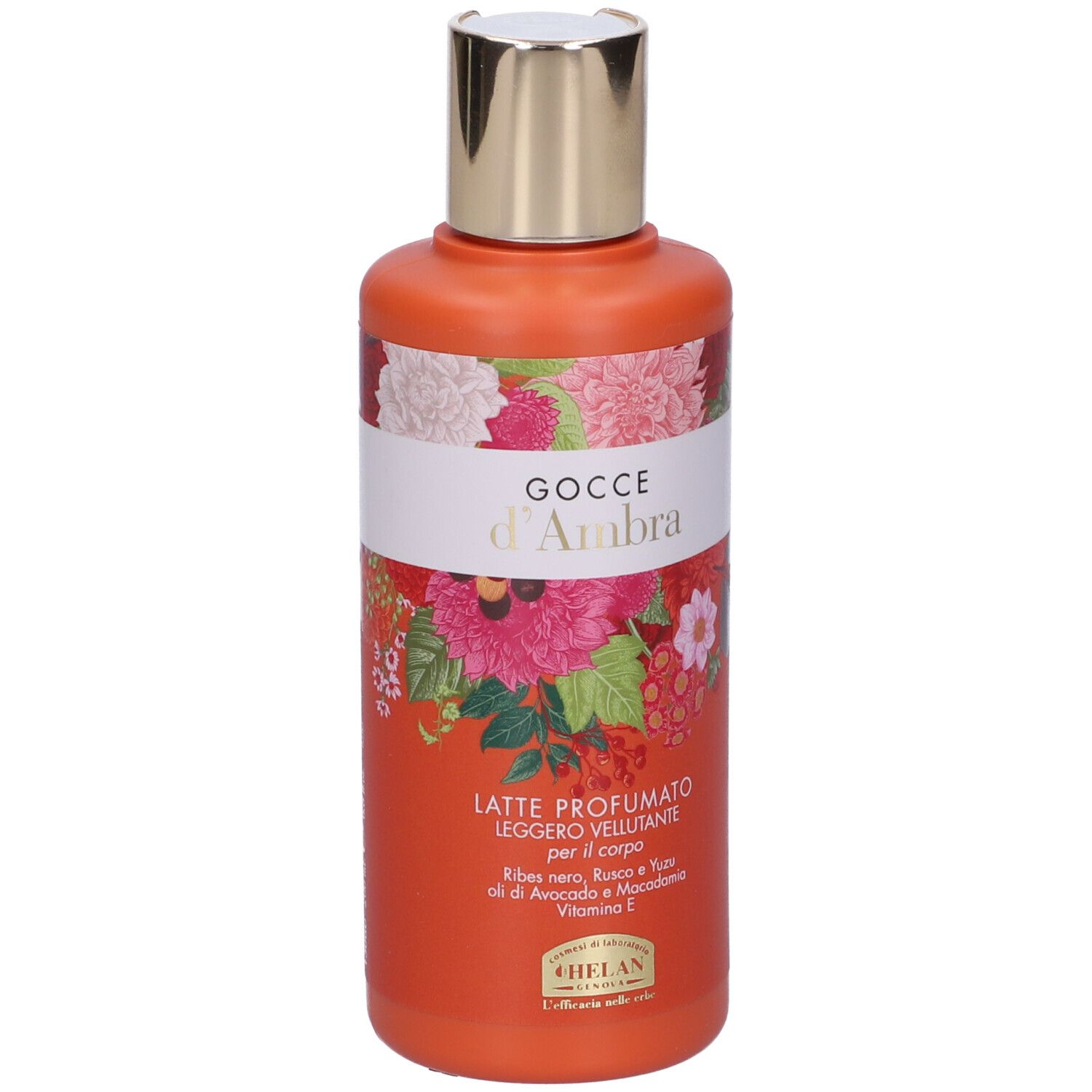 Flacone arancione con tappo dorato. Testo: Gocce d'Ambra, Latte Profumato. Marchio: Helan. 200 ml.