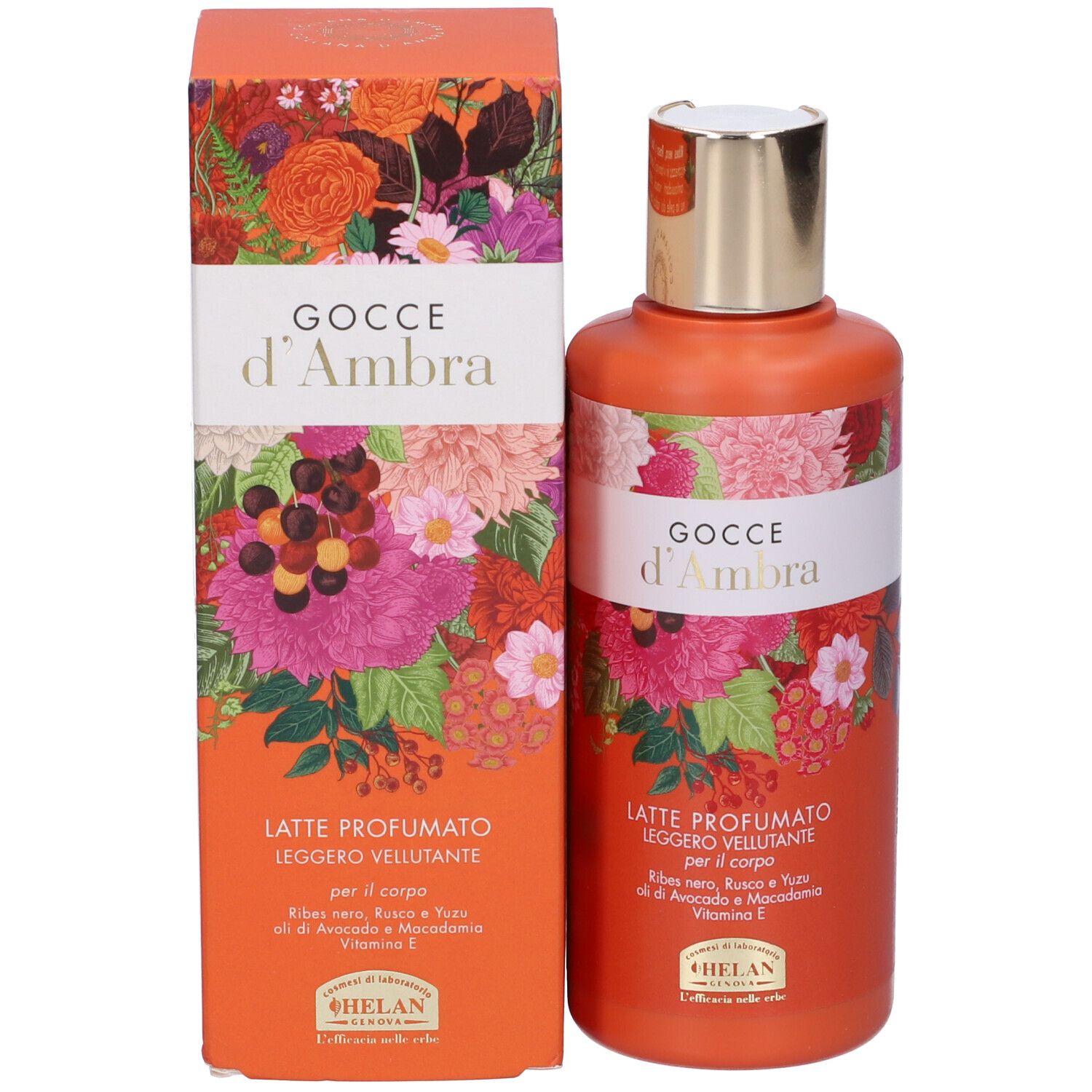 Flacone e scatola arancioni con design floreale. Testo: Gocce d'Ambra, Latte Profumato. Marchio: Helan.