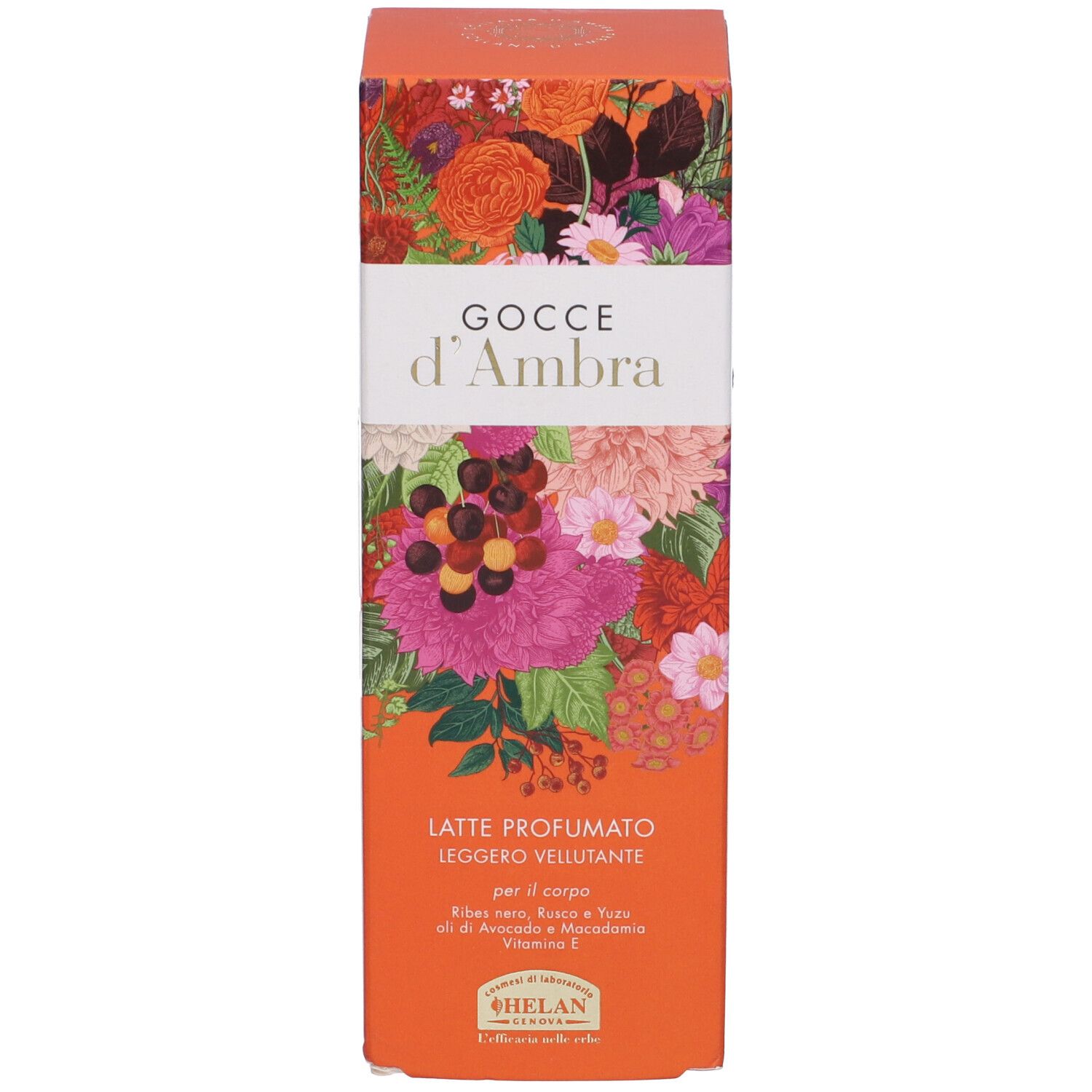 Scatola arancione con design floreale. Testo: Gocce d'Ambra, Latte Profumato. Marchio: Helan.