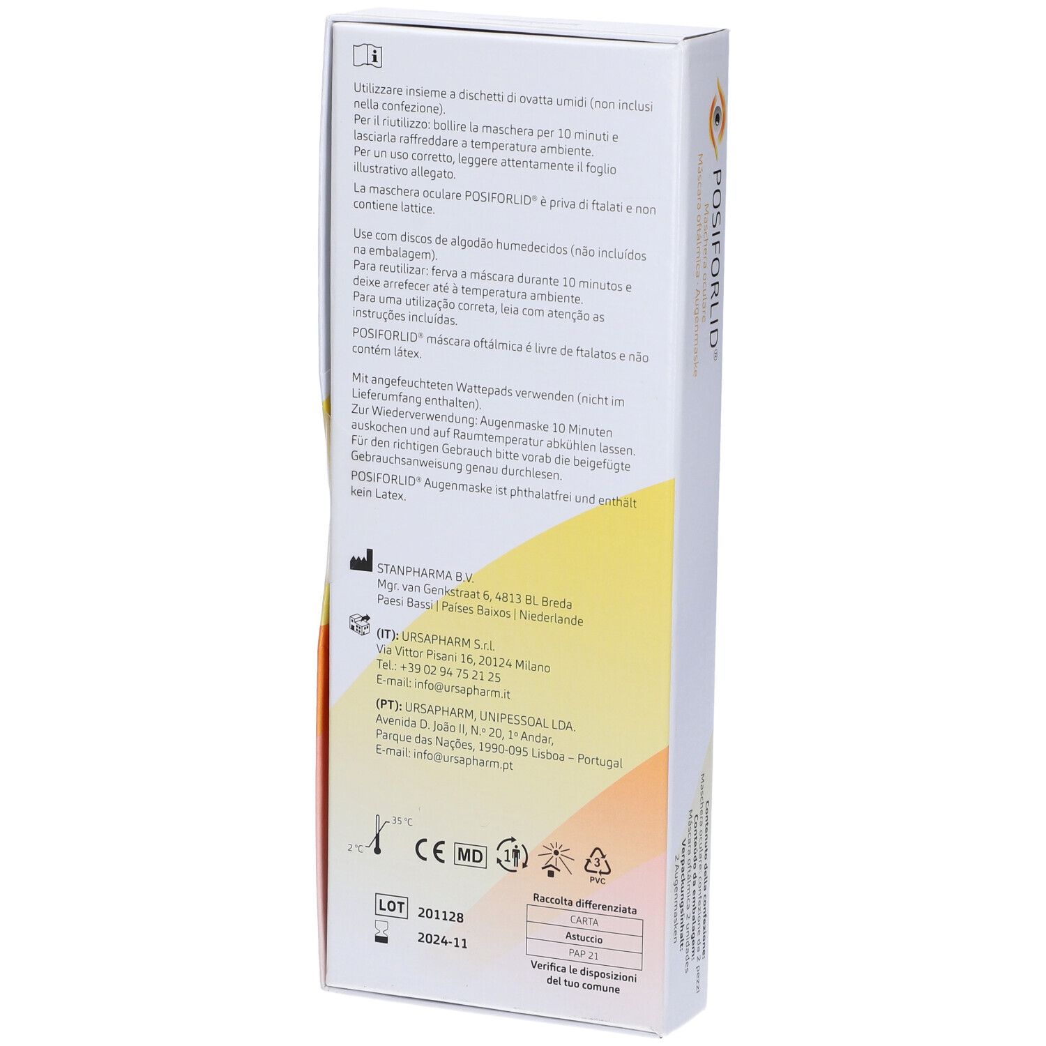 Confezione di maschera oculare Posiforlid. Confezione bianca e gialla con informazioni sul prodotto. Scritta: Maschera Oculare, Augenmaske.