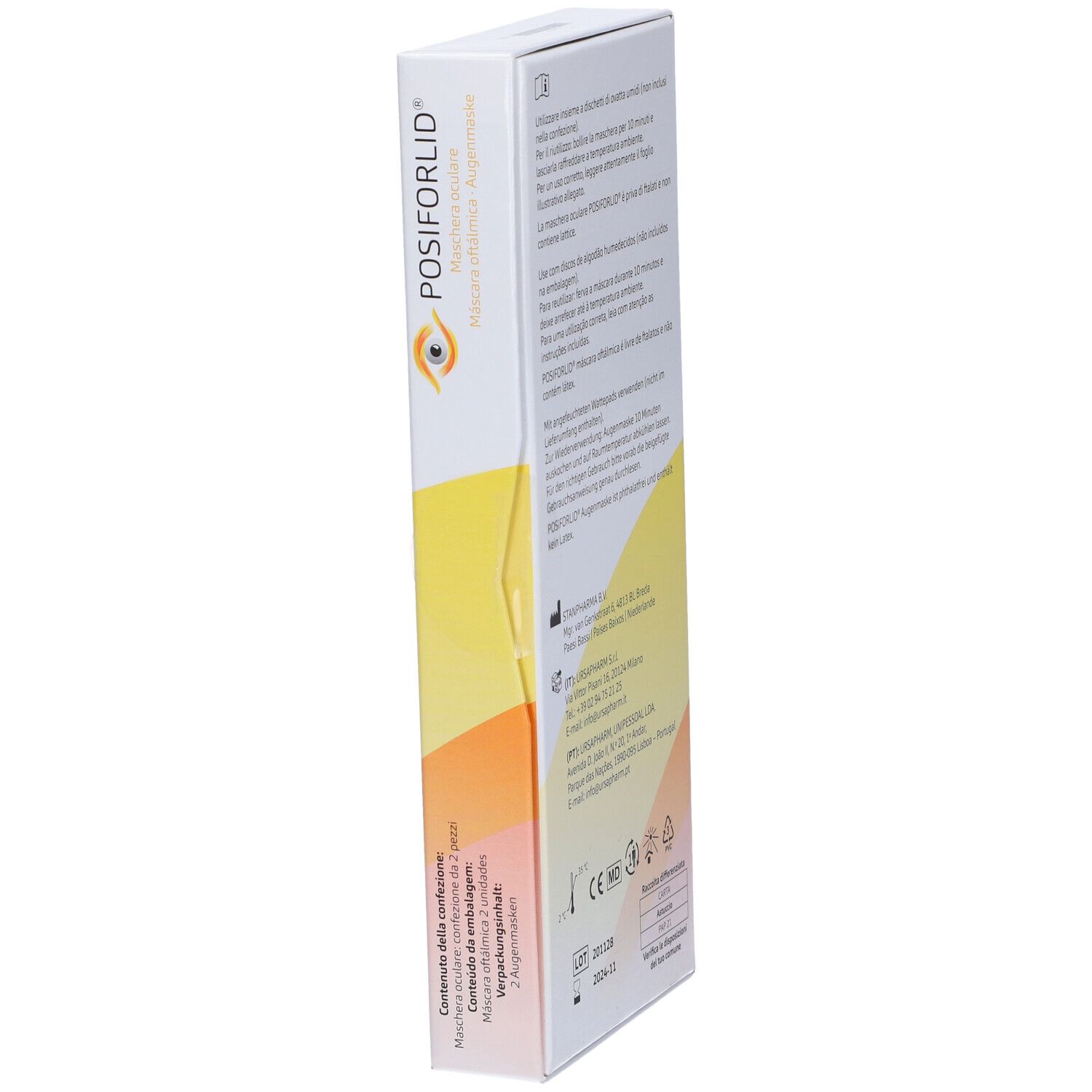 Confezione di maschera oculare Posiforlid. Confezione bianca e gialla con informazioni sul prodotto. Scritta: Maschera Oculare, Augenmaske.