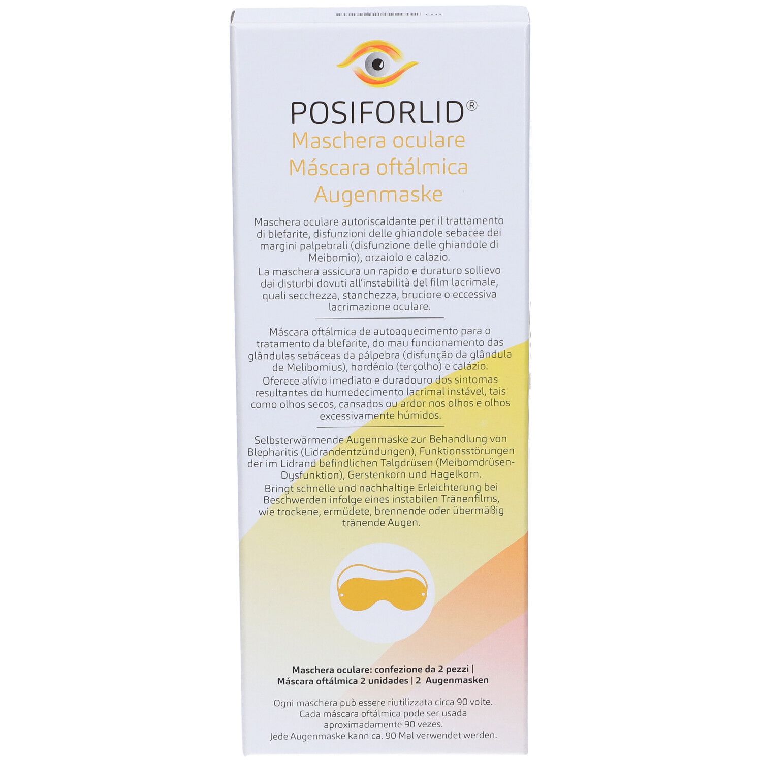 Confezione di maschera oculare Posiforlid. Confezione bianca e gialla con informazioni sul prodotto. Scritta: Maschera Oculare, Augenmaske.