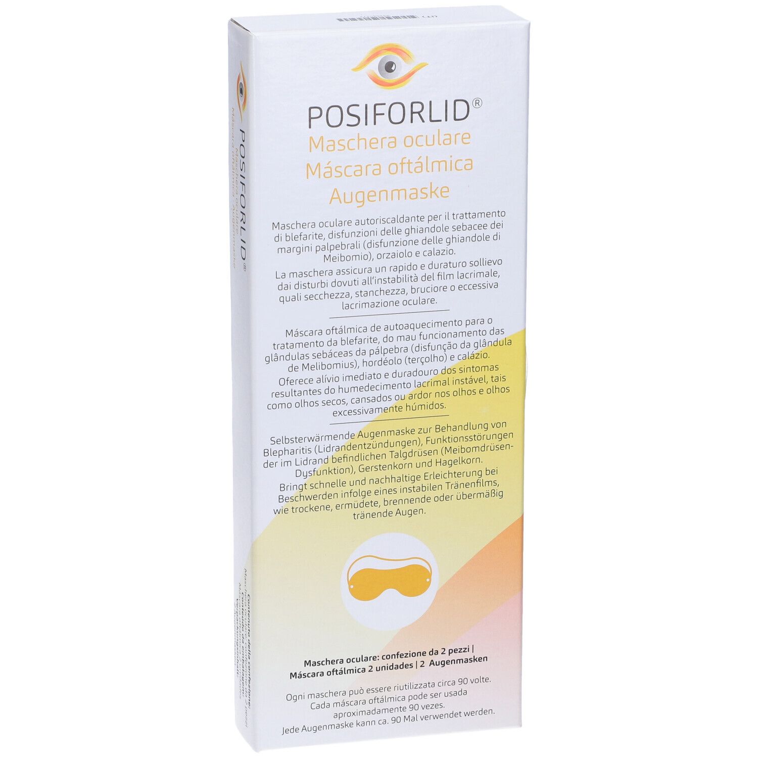 Confezione di maschera oculare Posiforlid. Confezione bianca e gialla con informazioni sul prodotto. Scritta: Maschera Oculare, Augenmaske.
