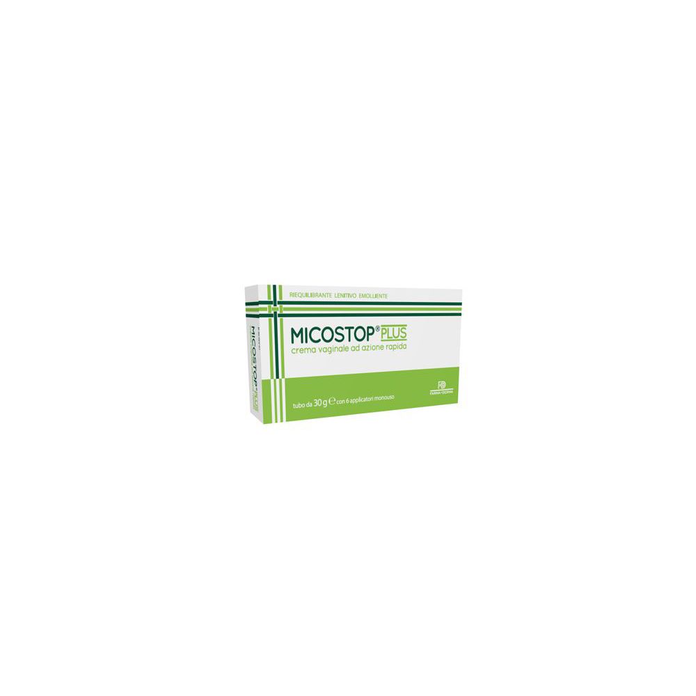 Scatola di "Micostop Plus Crema Vaginale". Confezione verde e bianca. Testo: "crema vaginale ad azione rapida".