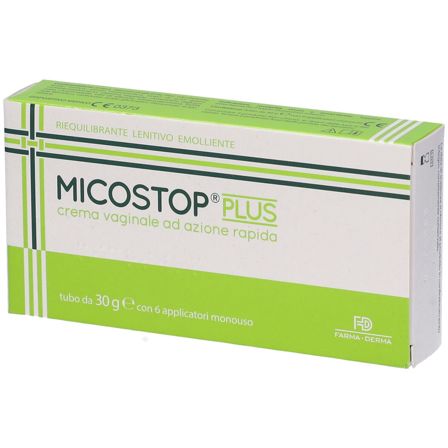 Scatola "Micostop Plus Crema Vaginale". Confezione verde e bianca. Testo: "crema vaginale ad azione rapida". Logo Farma Derma.
