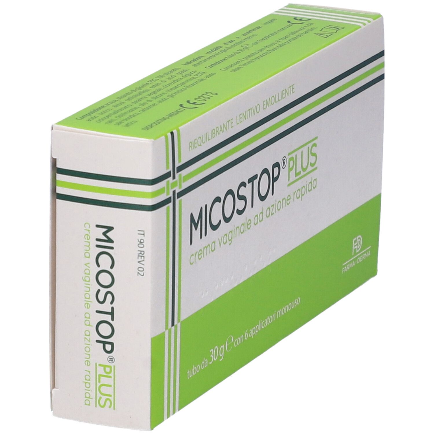 Scatola "Micostop Plus Crema Vaginale". Confezione verde e bianca. Testo: "crema vaginale ad azione rapida". Logo Farma Derma.