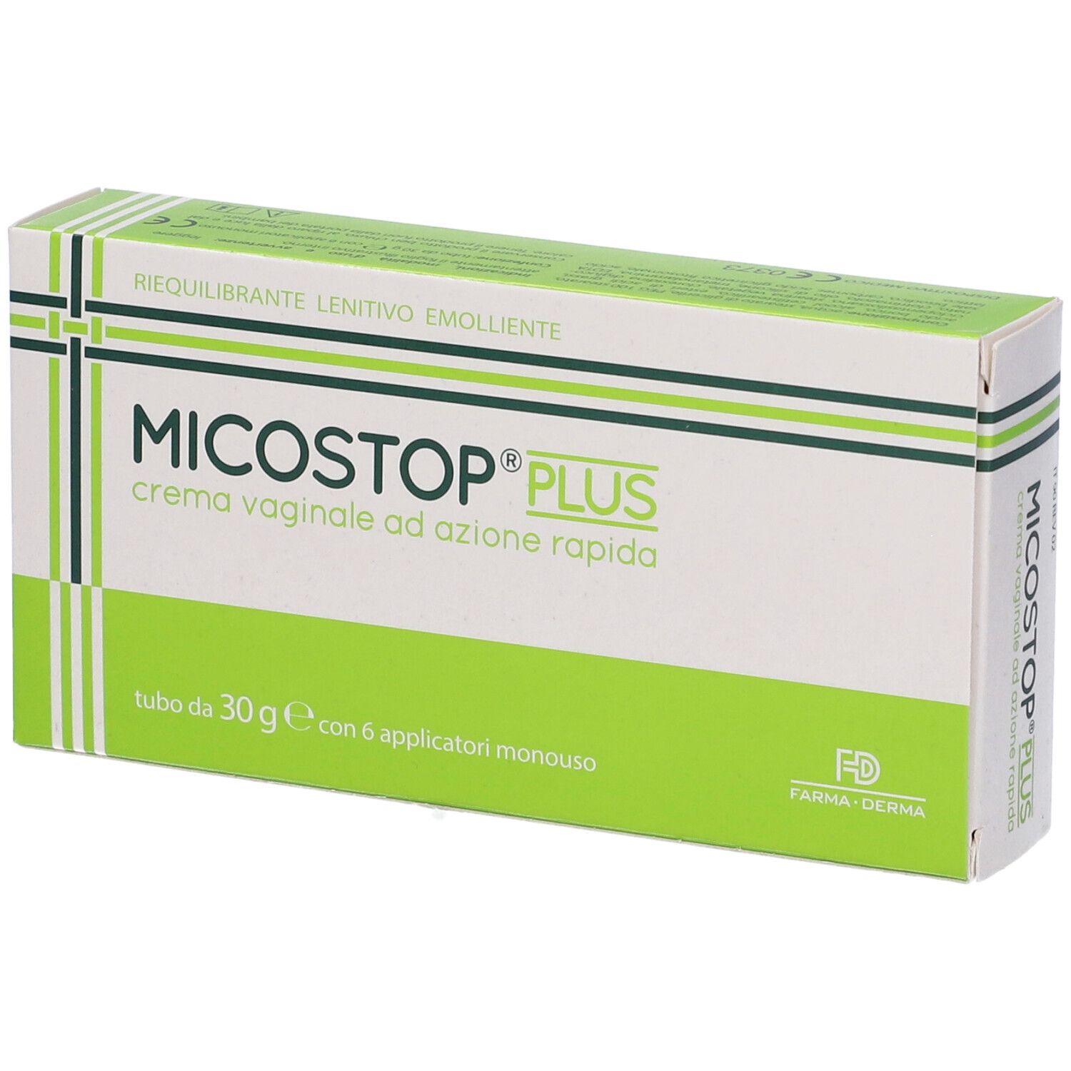 Scatola "Micostop Plus Crema Vaginale". Confezione verde e bianca. Testo: "crema vaginale ad azione rapida". Logo Farma Derma.
