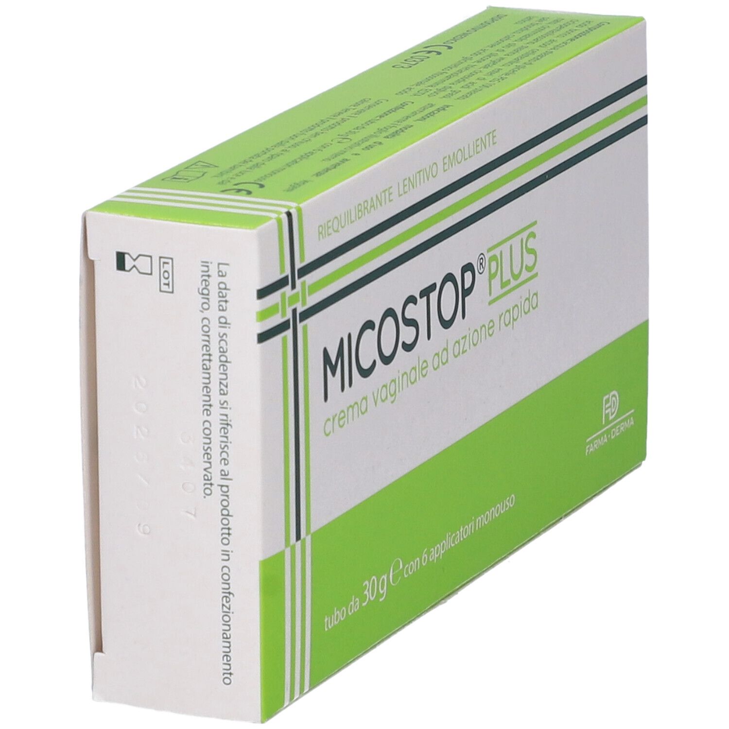 Scatola "Micostop Plus Crema Vaginale". Confezione verde e bianca. Testo: "crema vaginale ad azione rapida". Logo Farma Derma.