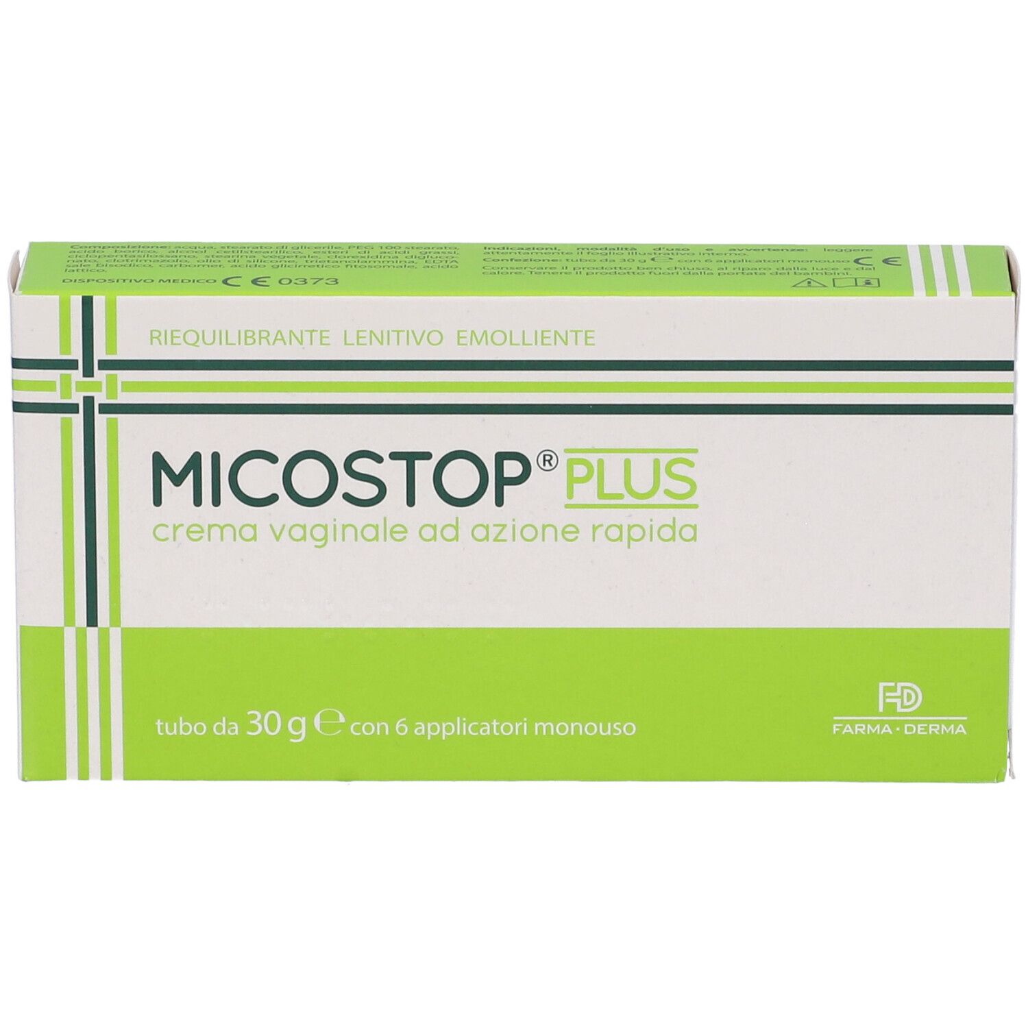 Scatola "Micostop Plus Crema Vaginale". Confezione verde e bianca. Testo: "crema vaginale ad azione rapida". Logo Farma Derma.
