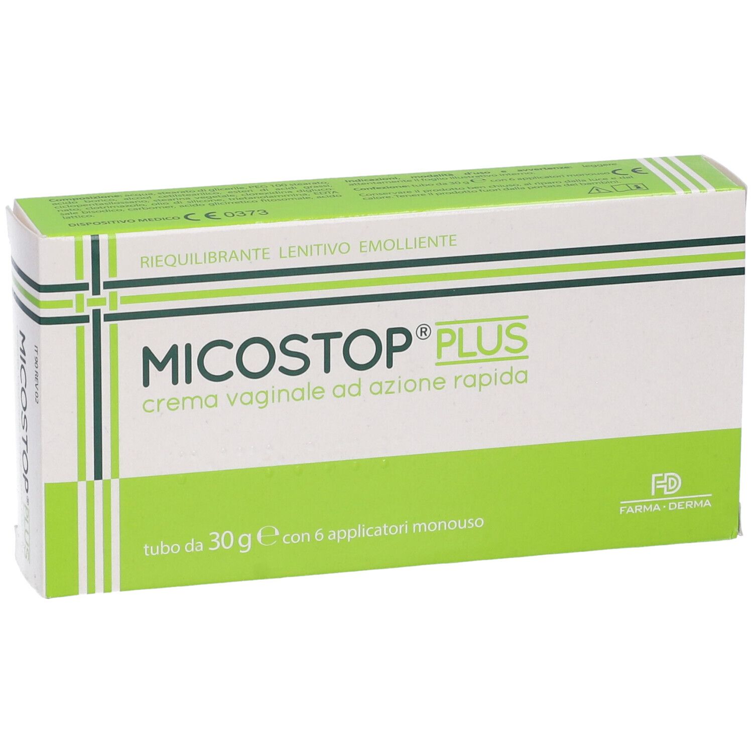 Scatola "Micostop Plus Crema Vaginale". Confezione verde e bianca. Testo: "crema vaginale ad azione rapida". Logo Farma Derma.