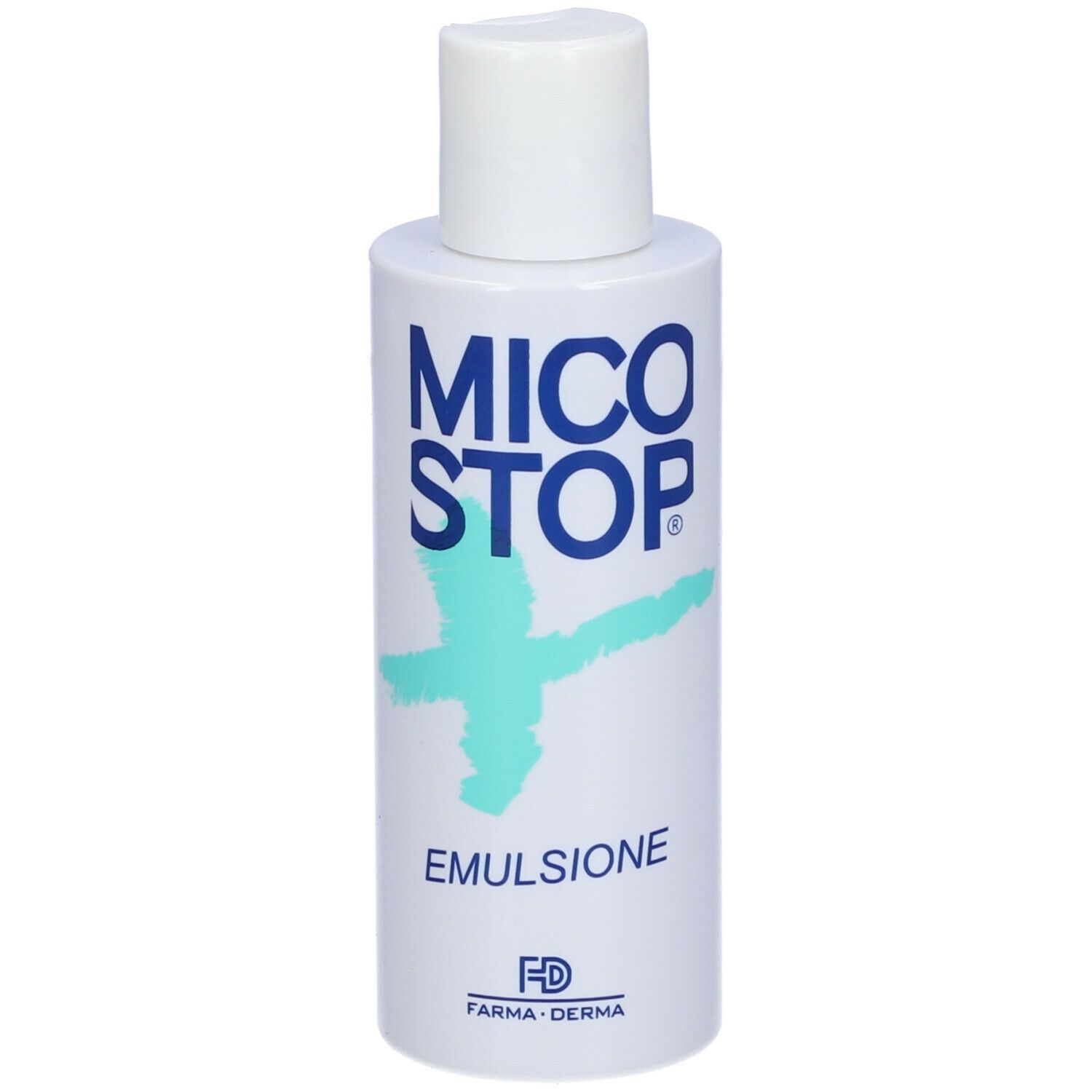 Flacone bianco con logo blu e scritta MICO STOP. Scritta: EMULSIONE. Marchio FARMA-DERMA.