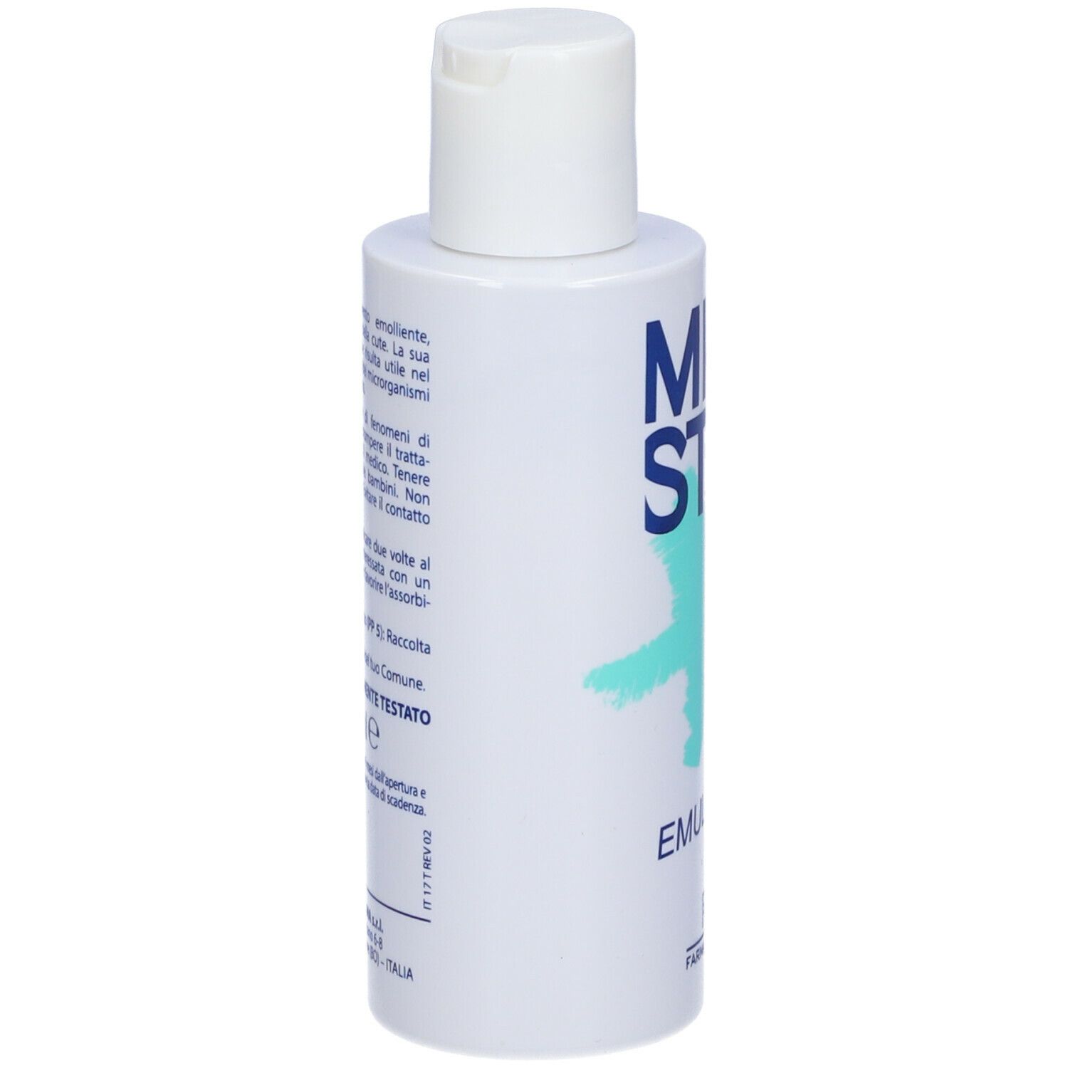Flacone bianco con logo blu e scritta MICO STOP. Testo e informazioni sul retro.