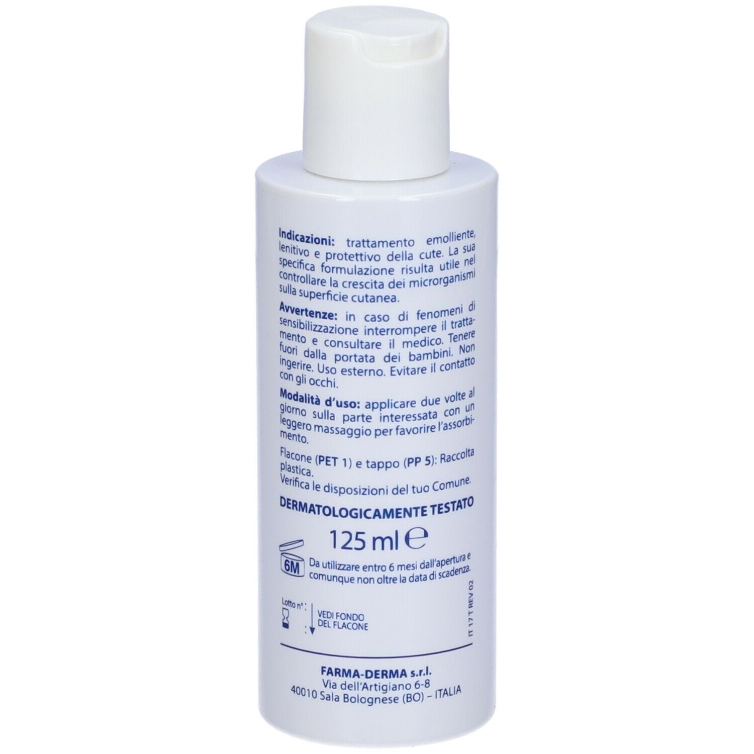 Flacone bianco con logo blu e scritta MICO STOP. Retro con testo e informazioni. 125 ml.
