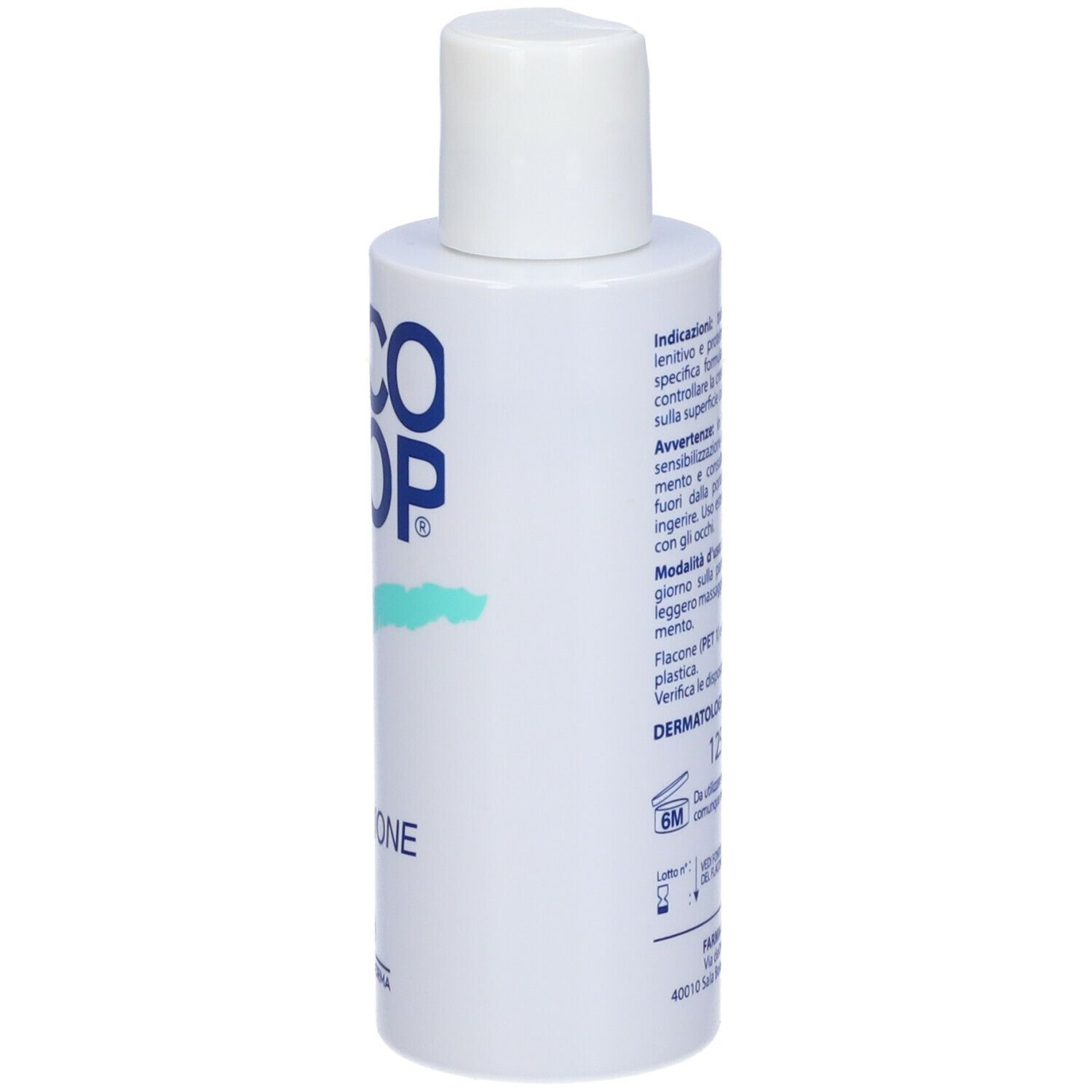 Flacone bianco con logo blu e scritta MICO STOP. Scritta: EMULSIONE. Marchio FARMA-DERMA.